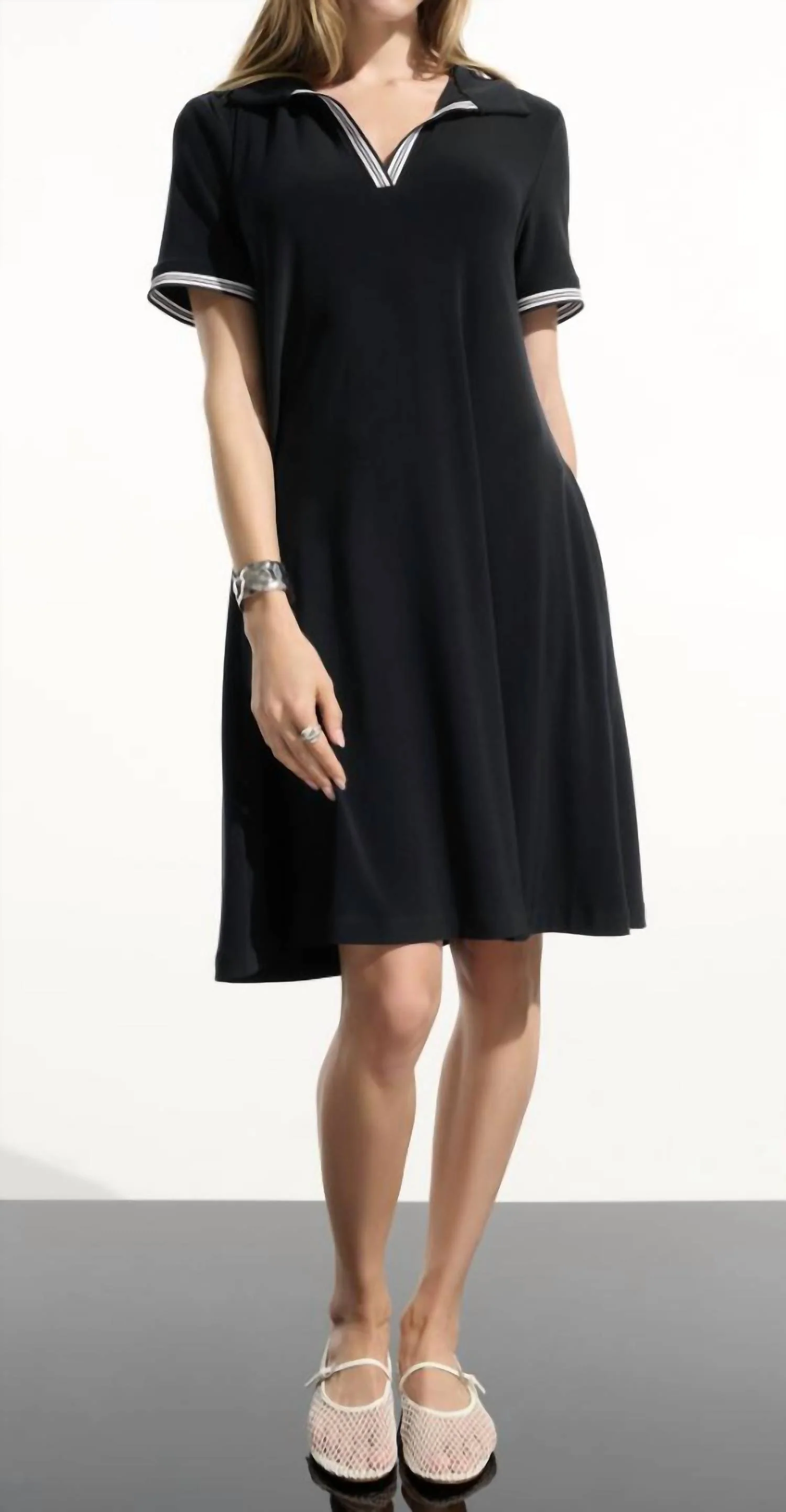 Silky Knit Trapeze With Polo Collar Dress In Black