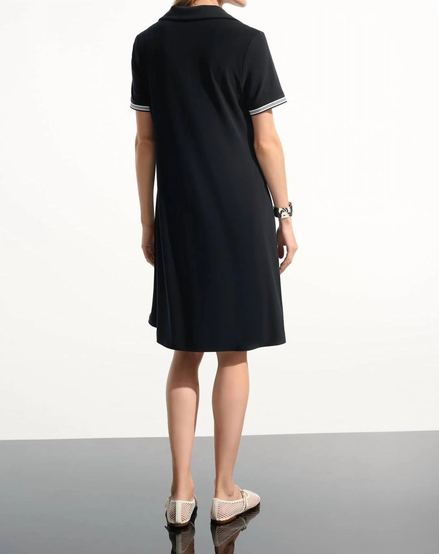 Silky Knit Trapeze With Polo Collar Dress In Black - Image 2