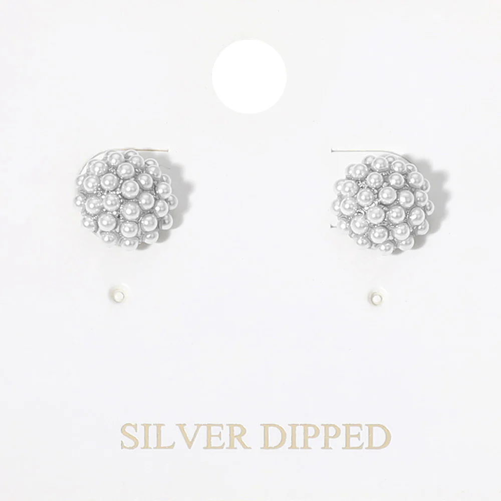 Silver Dipped Pearl Embellished Stud Earrings Rhodium, White - Image 3