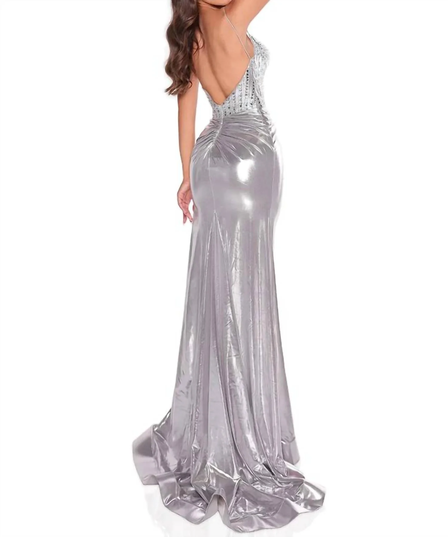 Siren Embellished High-Slit Gown In Silver - Image 2