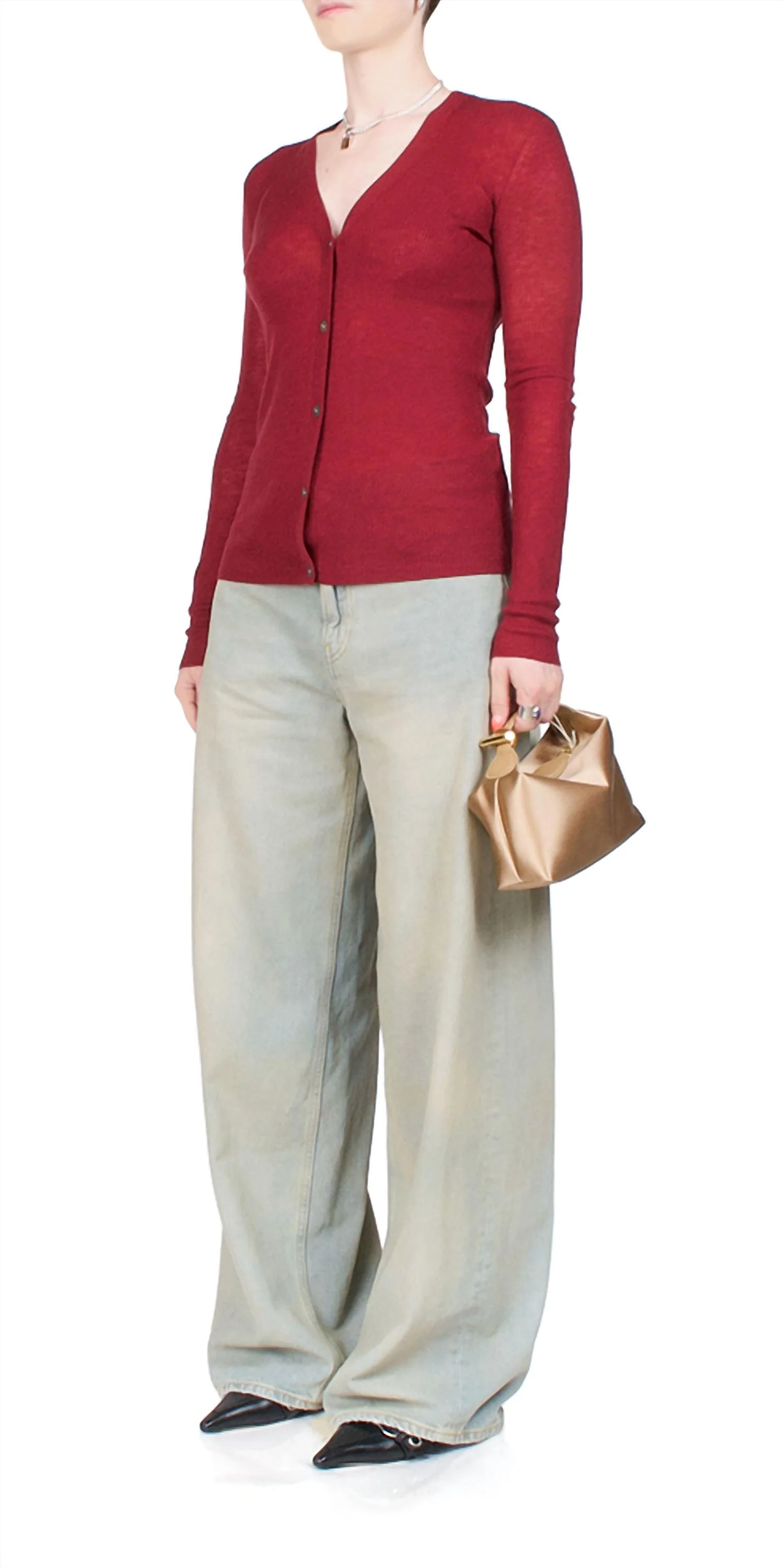 Skinny Rib V Cardigan In Wine - Image 3