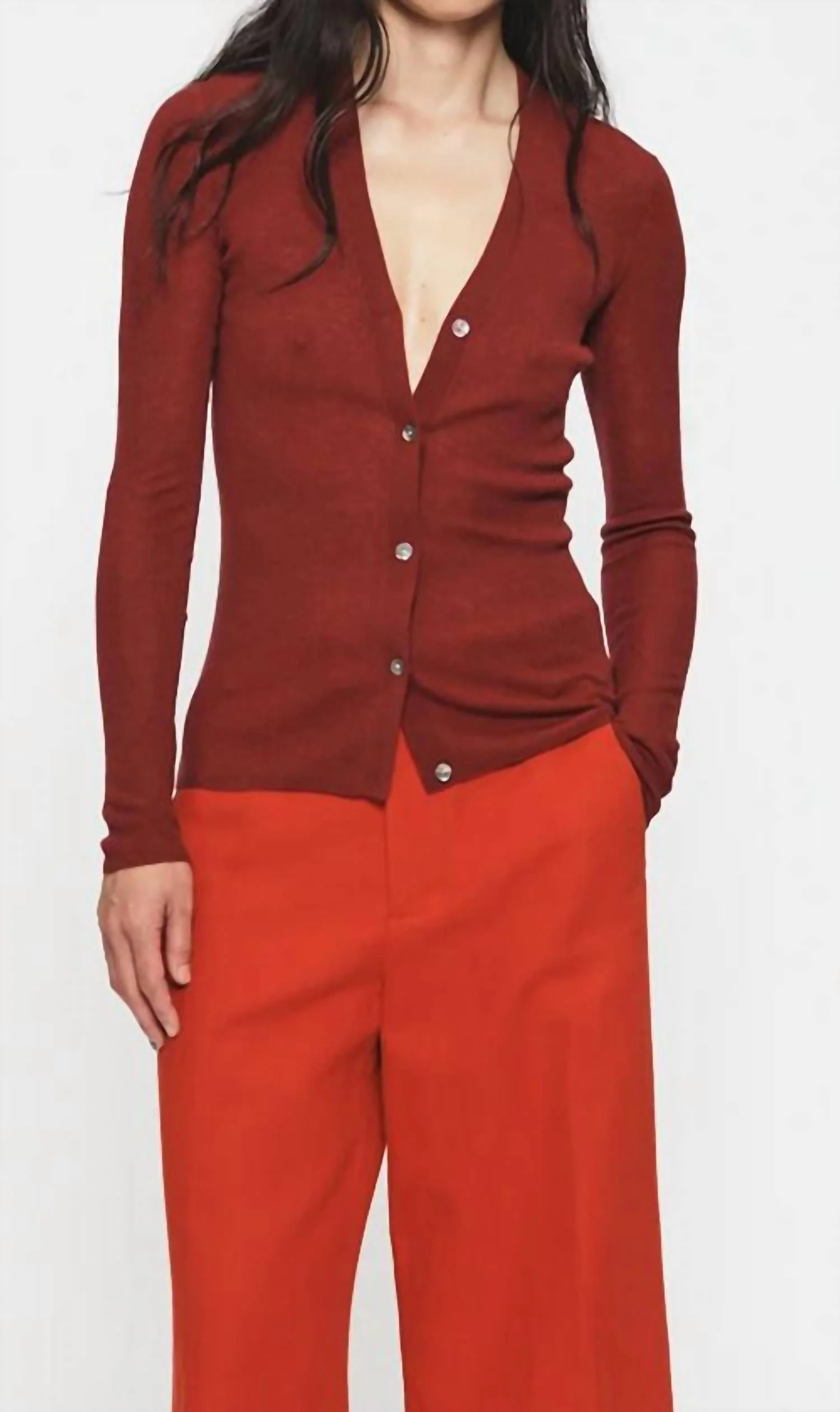 Skinny Rib V Cardigan In Wine - Image 4