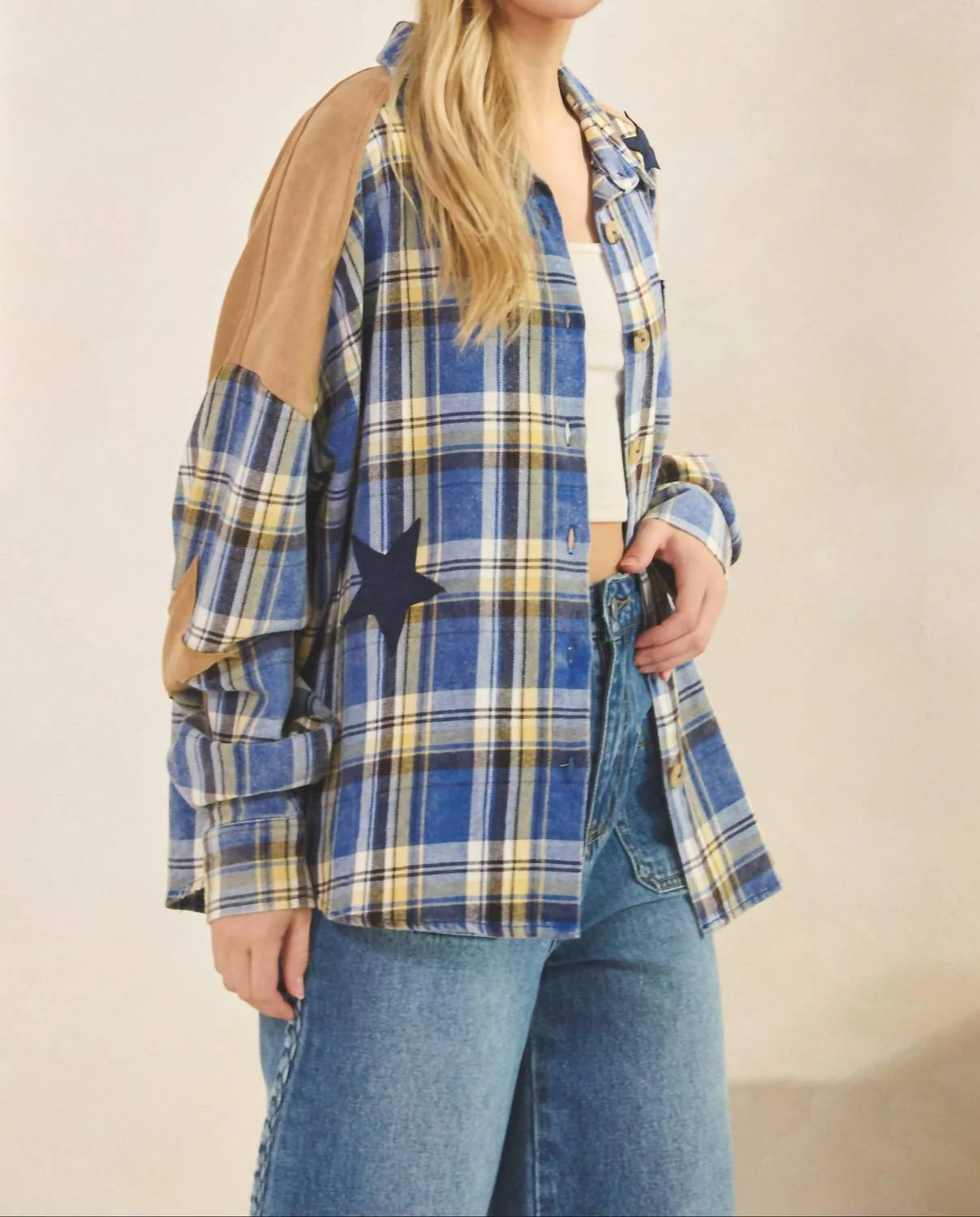 Skylar Star Patchwork Plaid Flannel Shirt In Blue - Image 4