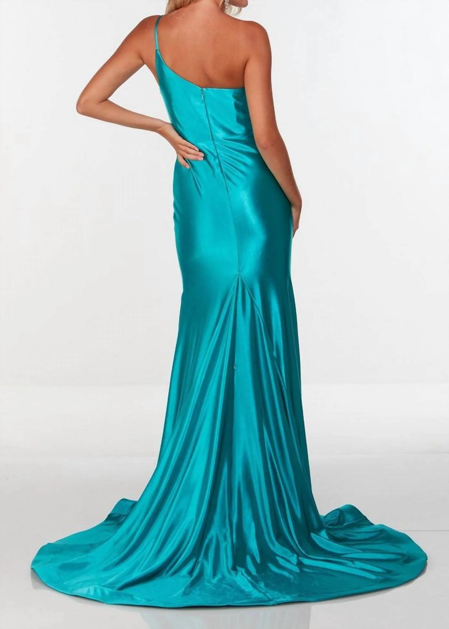 Sleek One-Shoulder Strappy High Slit Long Dress In Lagoon - Image 2