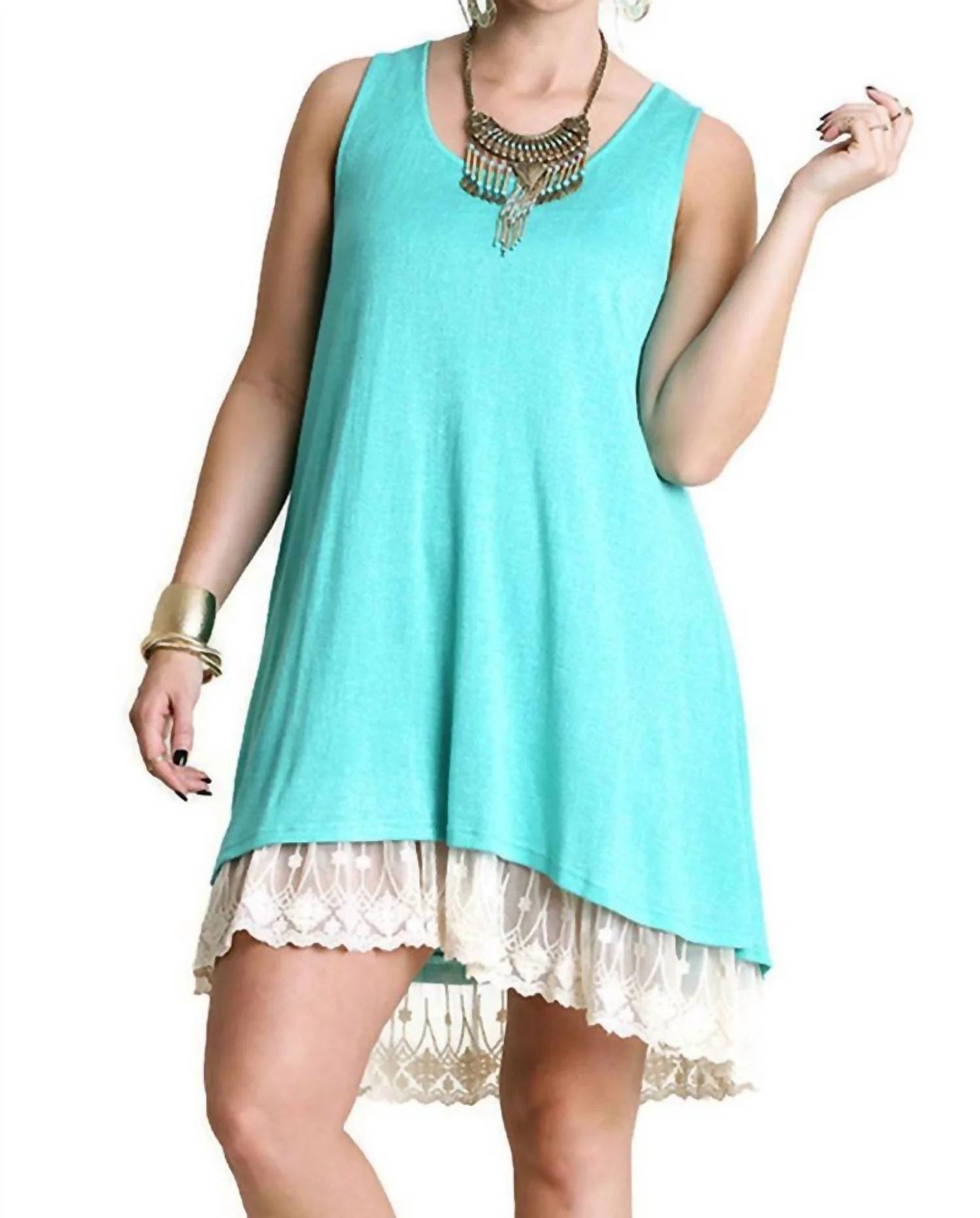 Sleeveless Double Layer Lace Dress - Plus In Green
