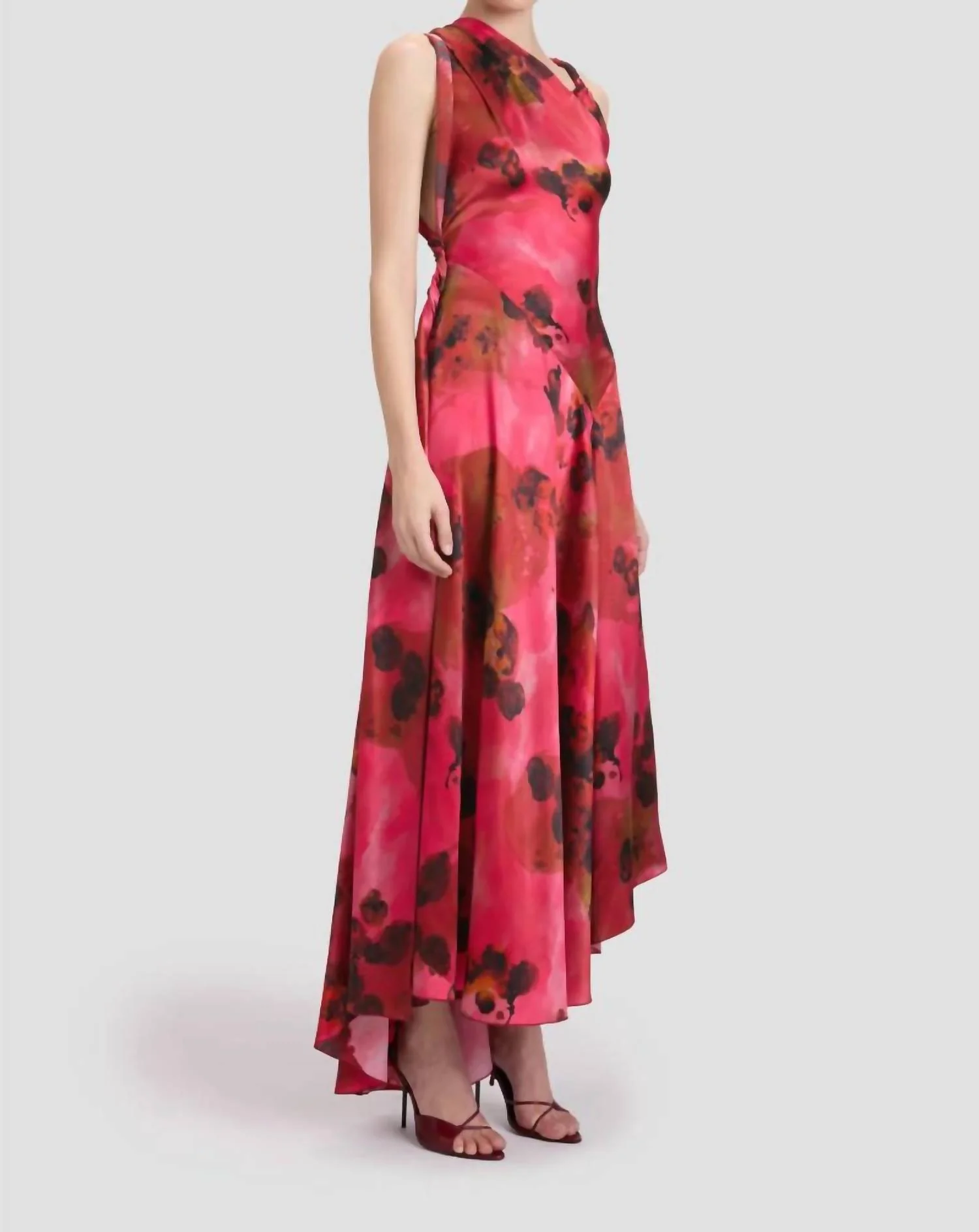 Sleeveless Draped Midi Dress In Raspberry Floral - Image 3