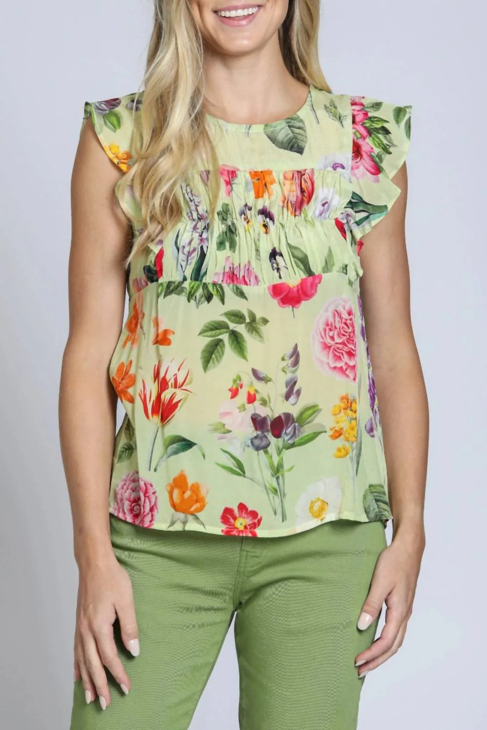 Sleeveless Flutter Sleeve Top In Yellow Multi