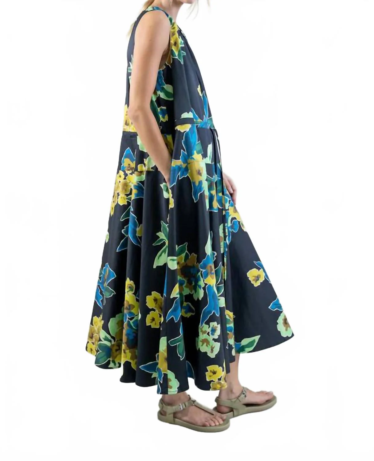 Sleeveless Midi Dress In Satin Cotton With Noctis Botanical Floral Print In Black Multi - Image 2