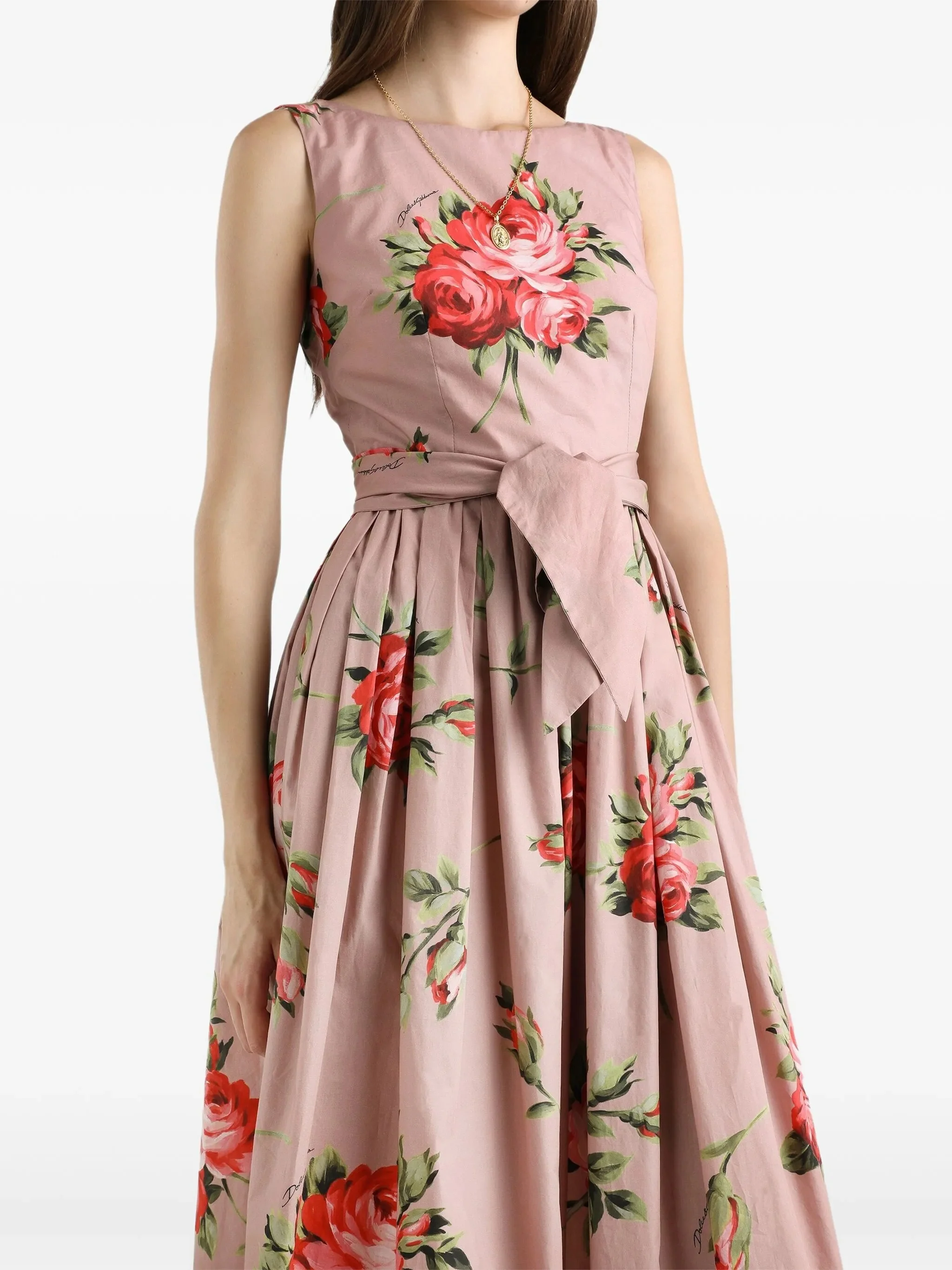 Sleeveless Midi Floral Pleated Cotton Dress - Image 4