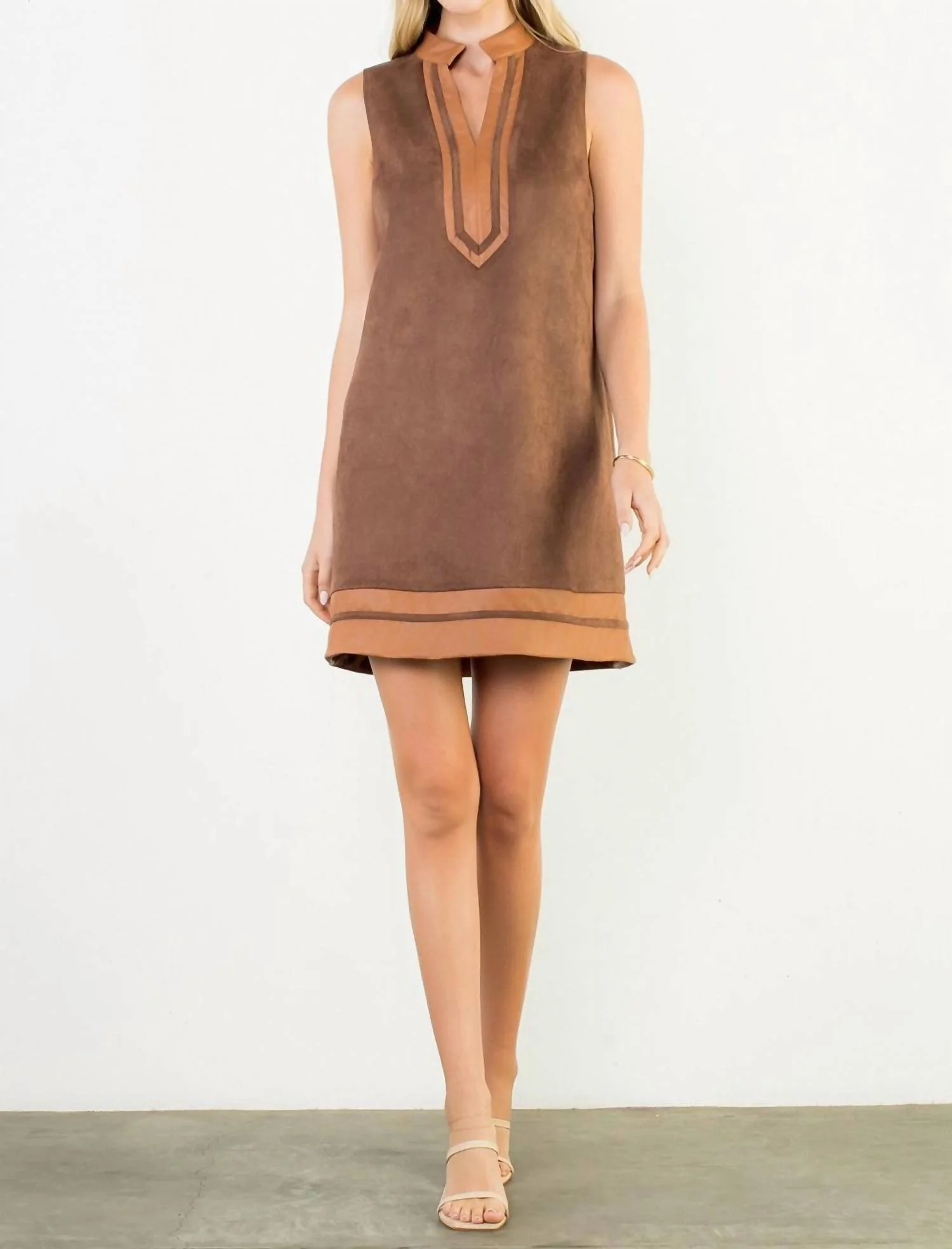 Sleeveless Suede Mini Dress In Brown
