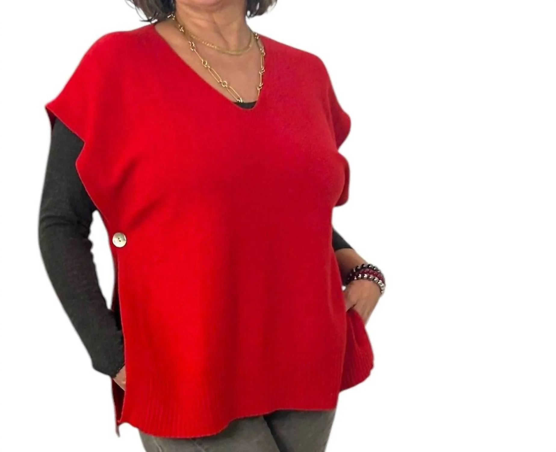 Sleeveless Throw Over Sweater Top In Red