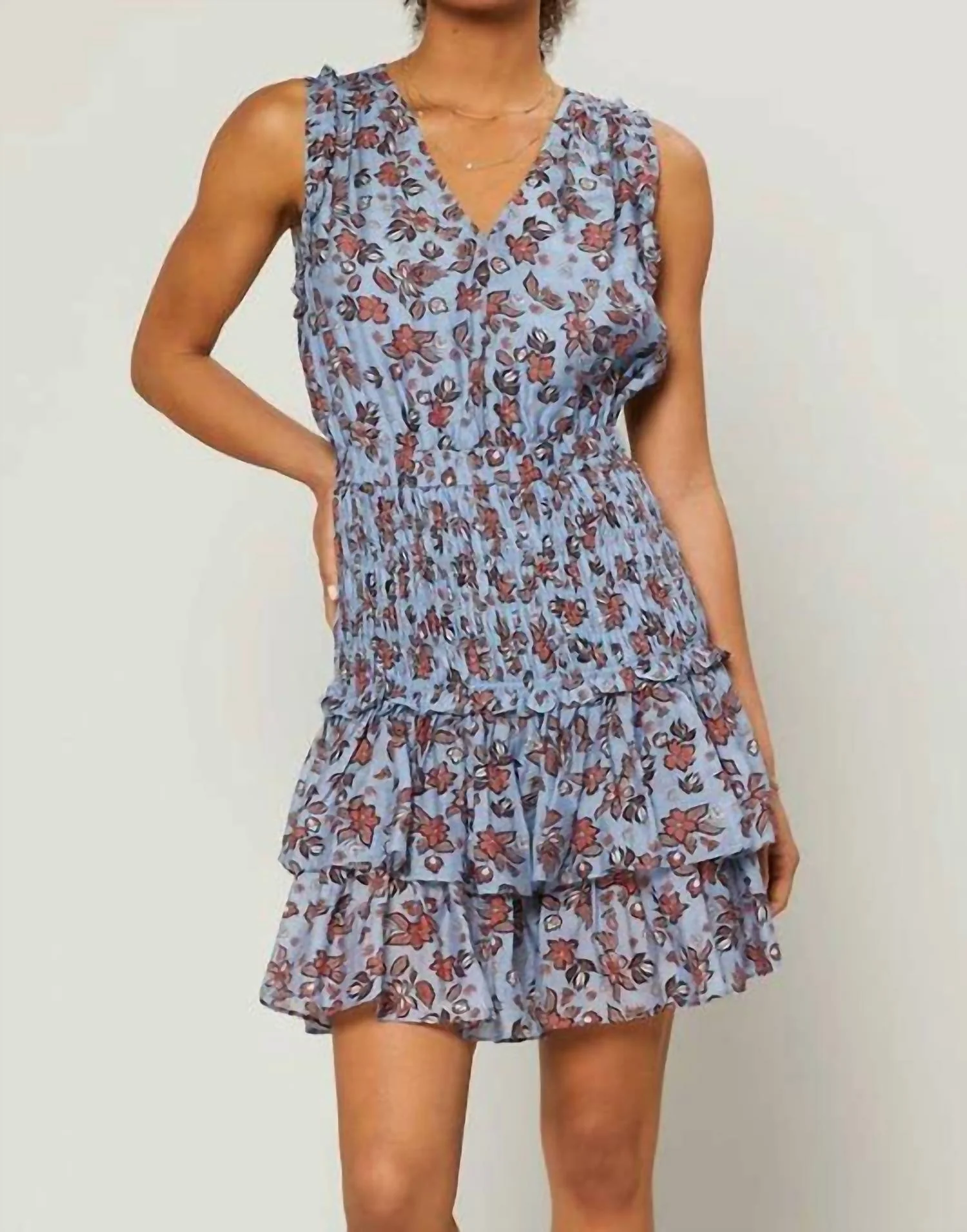 Sleeveless V-Neck Tiered Mini Dress In Blue Tangerine - Image 4