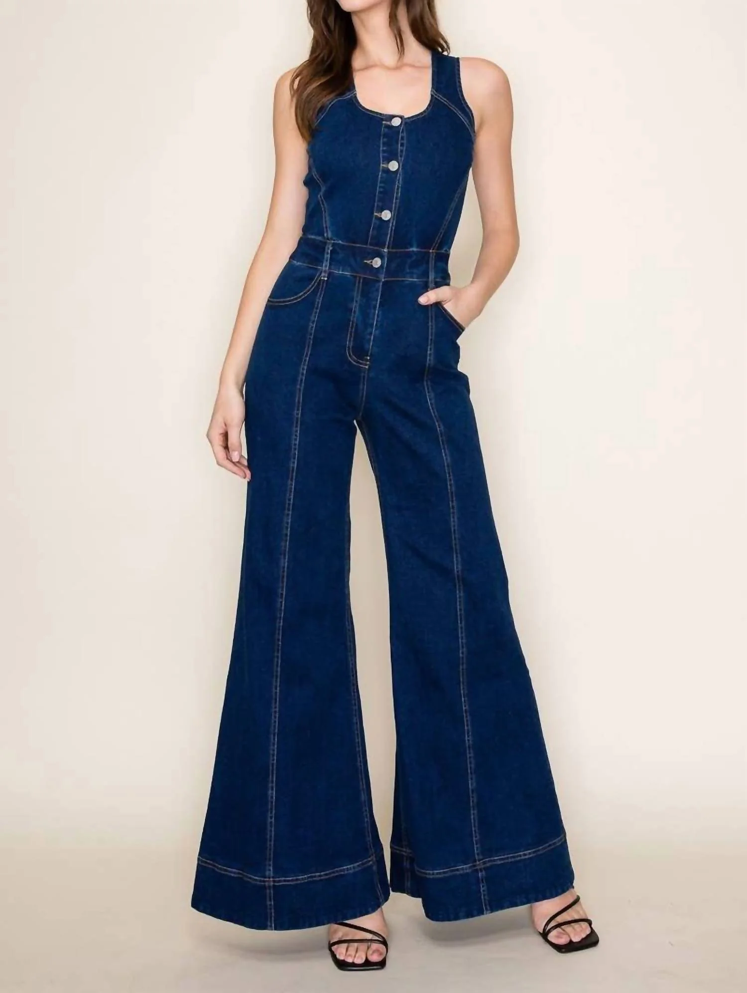 Sleeveless Wide Leg Denim Jumpsuit With Button Detail In Laciann Collective - Image 2