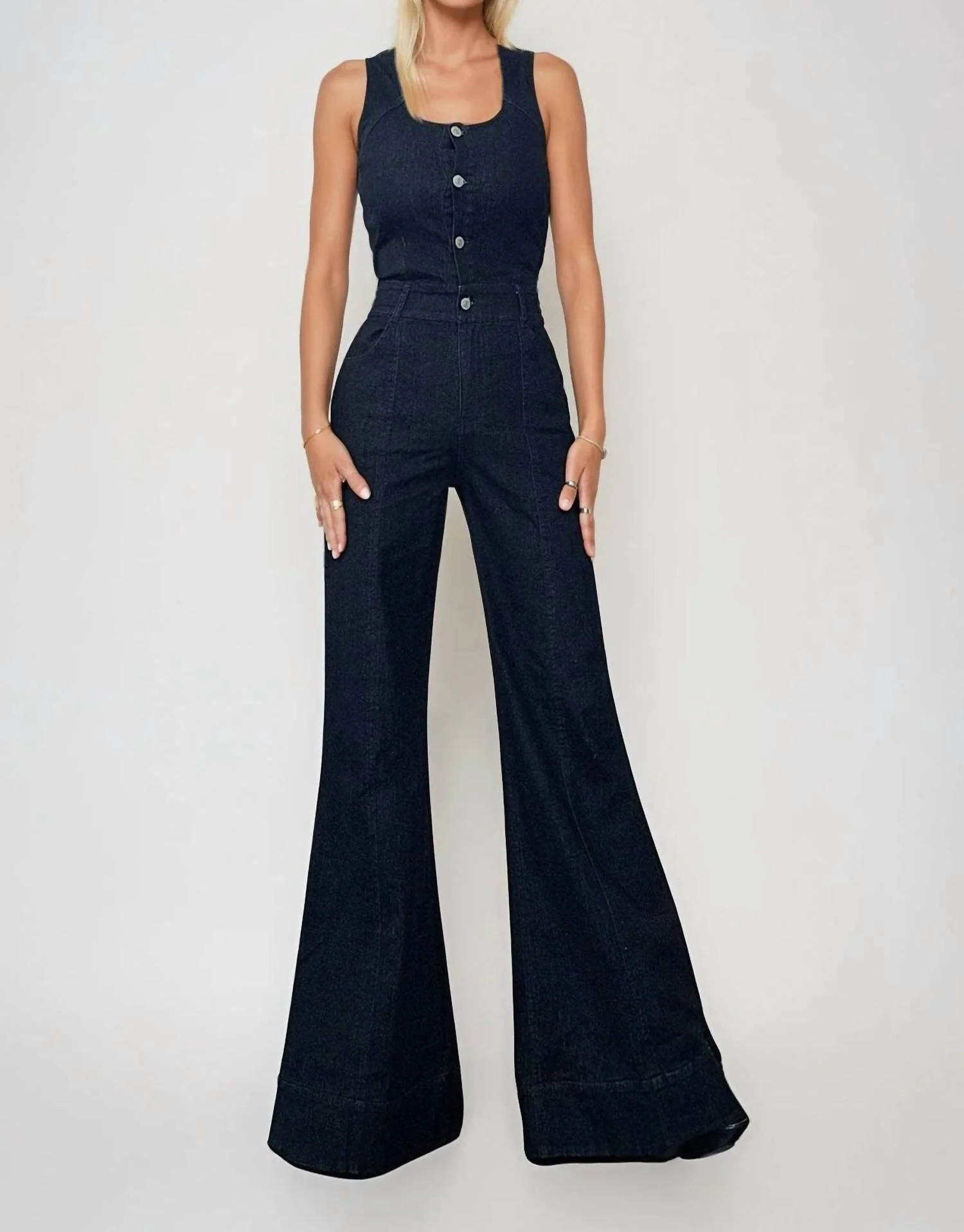 Sleeveless Wide Leg Denim Jumpsuit With Button Detail In Laciann Collective - Image 3