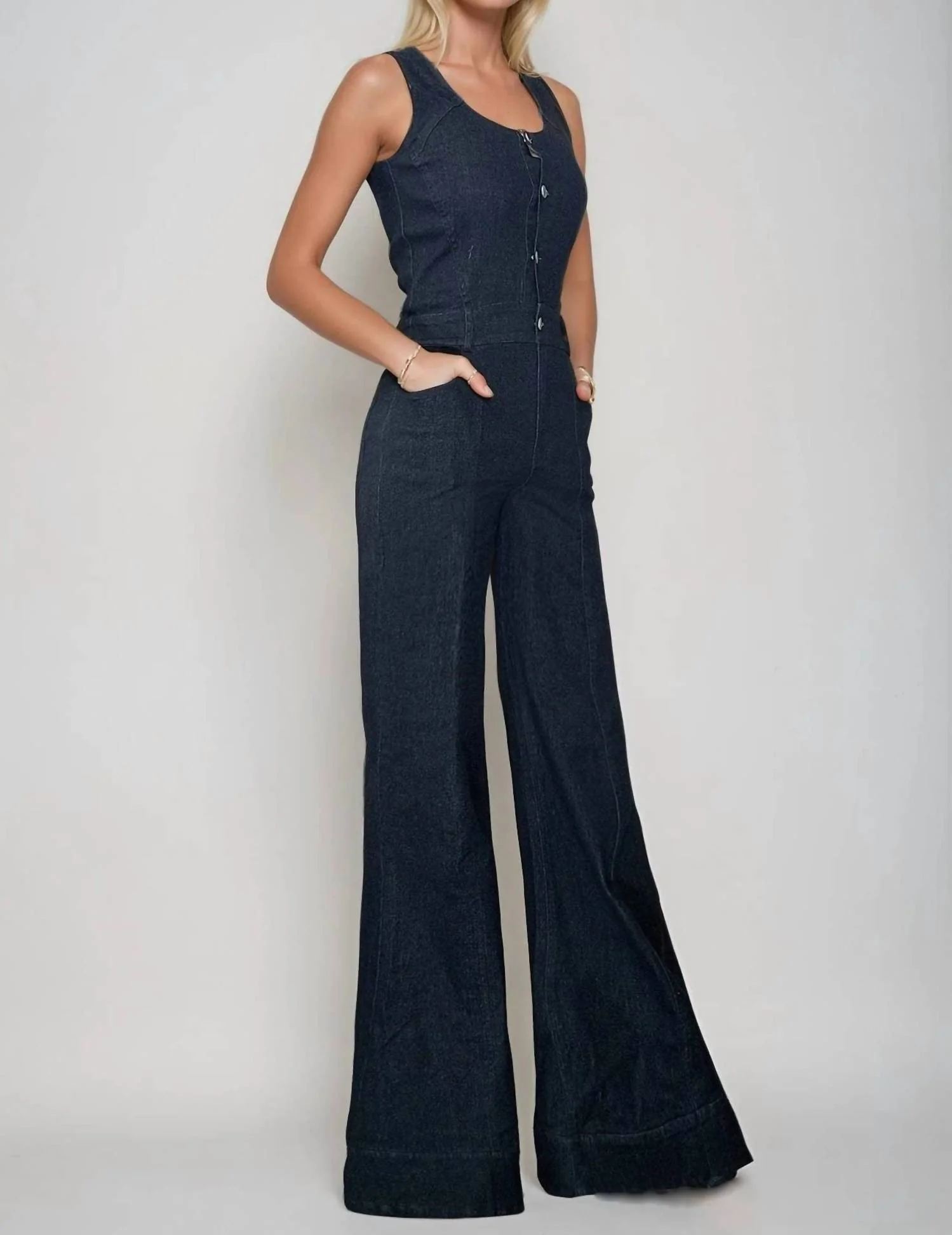 Sleeveless Wide Leg Denim Jumpsuit With Button Detail In Laciann Collective - Image 4