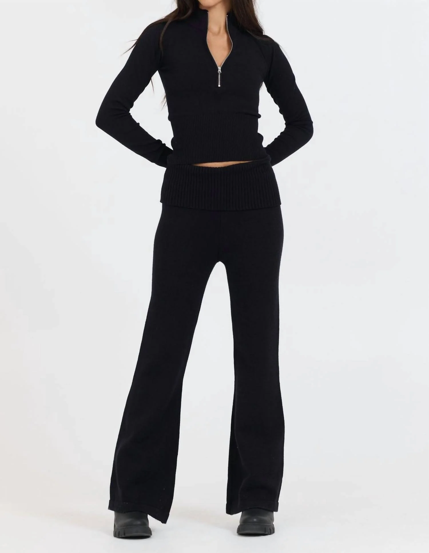Slim Fit Knit Fold Over Flare Pant In Black - Image 4