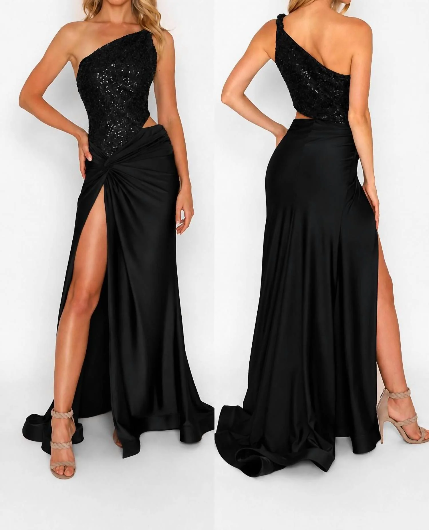 Slinky Combo Sequin Bodice Gown In Black