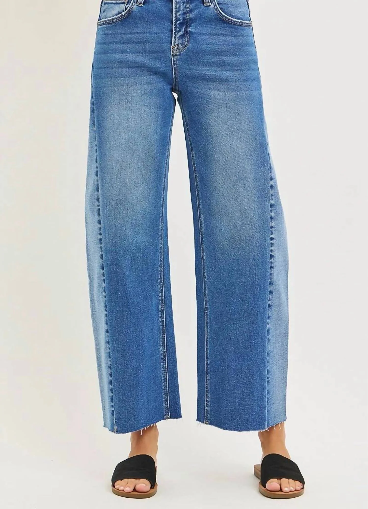 Slouchy Cropped Barrel Jeans With Contrast Wash In Blue