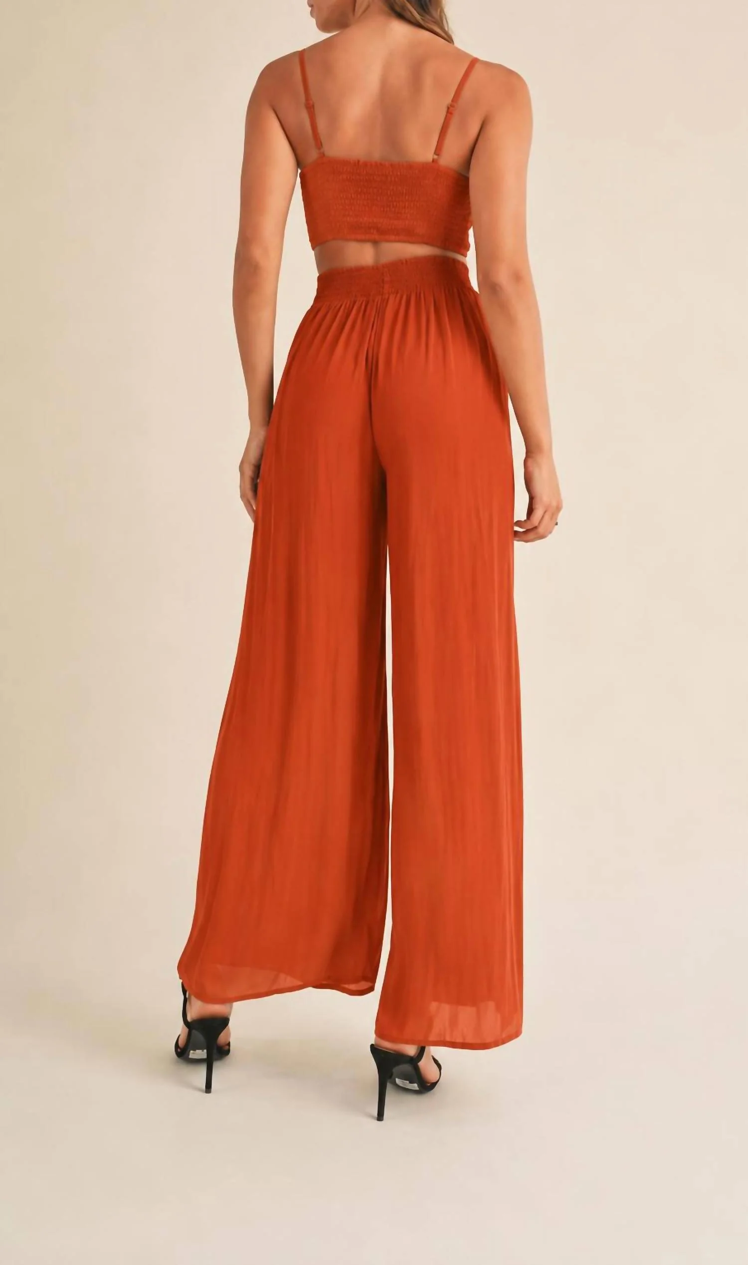 Smocked Bralette Crop Top & Wide Leg Pants Set In Rust - Image 2