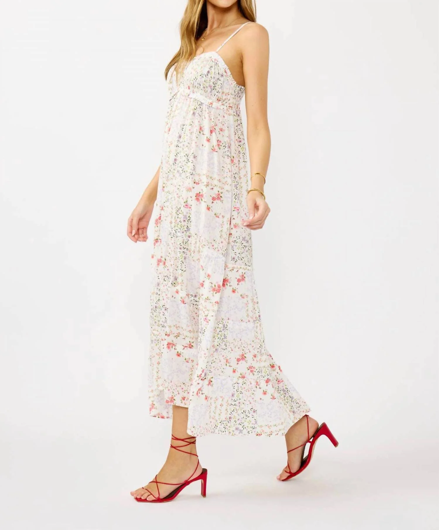 Smocked Ditsy Floral Tiered Maxi Dress In Natural / Lavender - Image 2