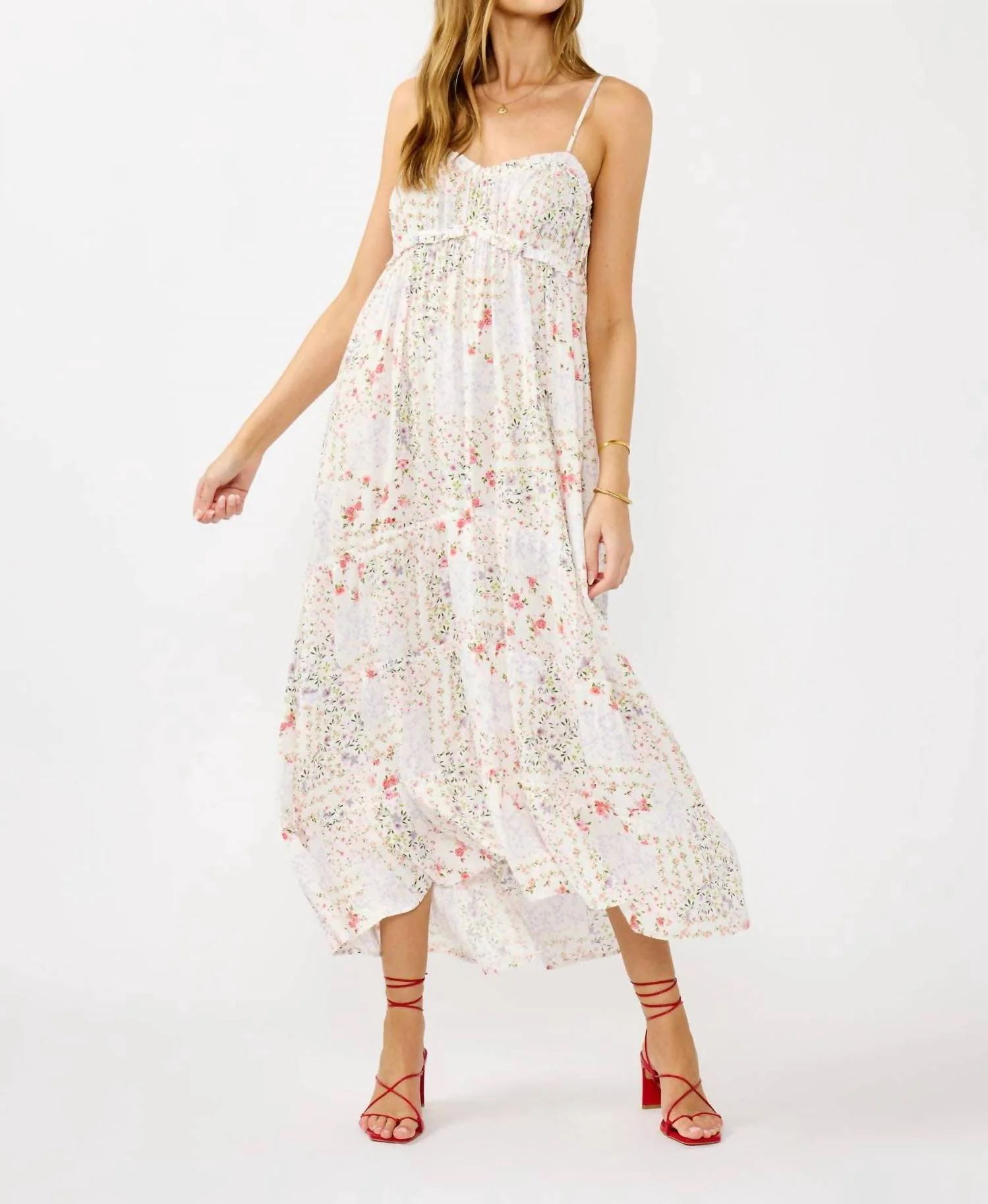 Smocked Ditsy Floral Tiered Maxi Dress In Natural / Lavender - Image 5