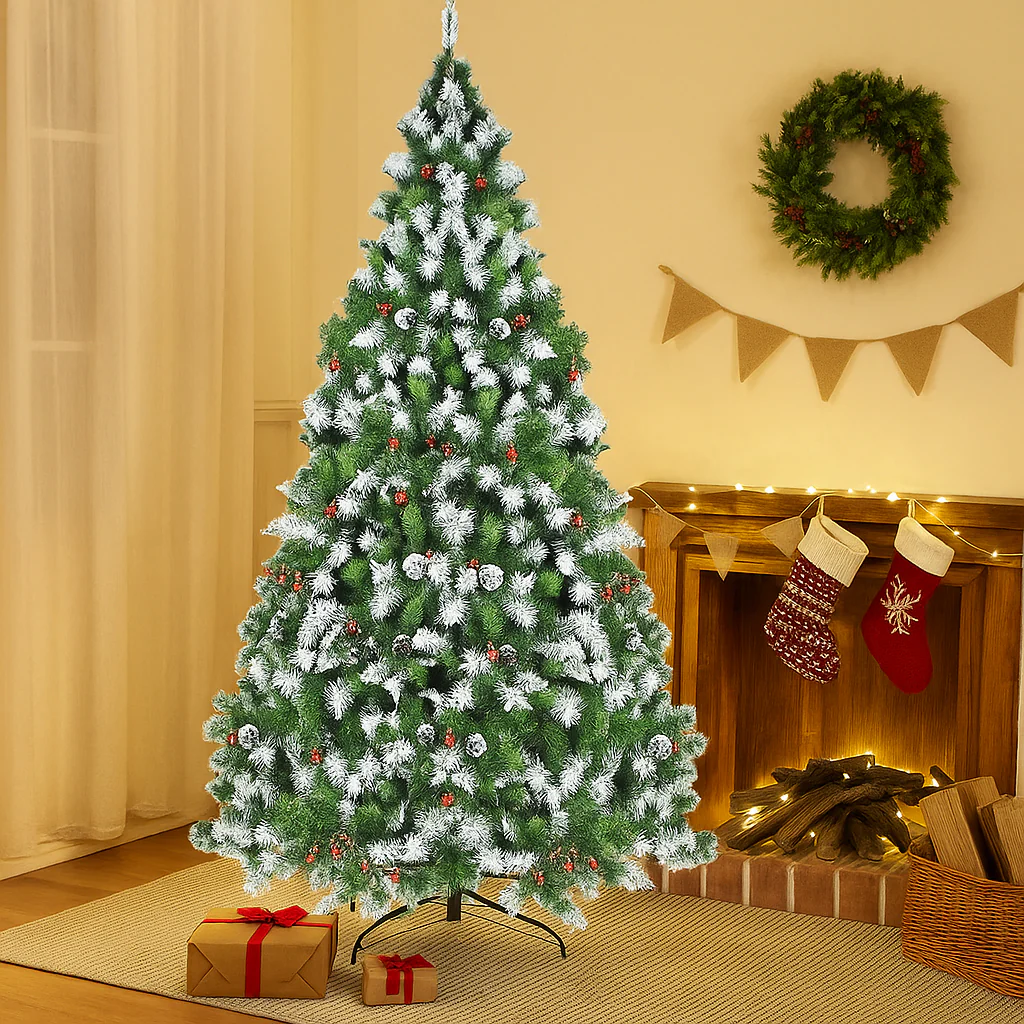 Snow Flocked Artificial Christmas Tree with Warm Lights and Red Berry Decor - Image 4