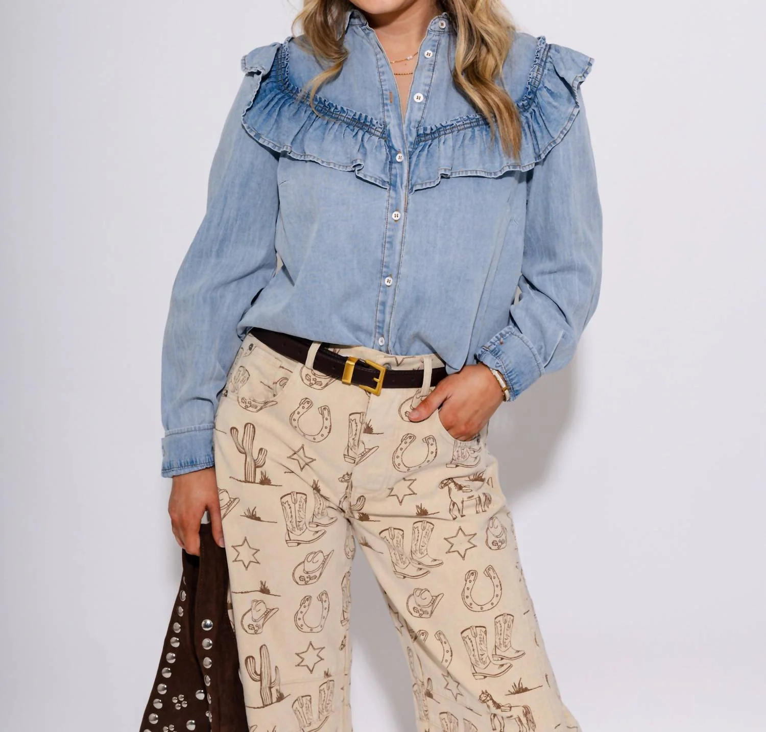 Snow Washed Denim Ruffle Top In Blue
