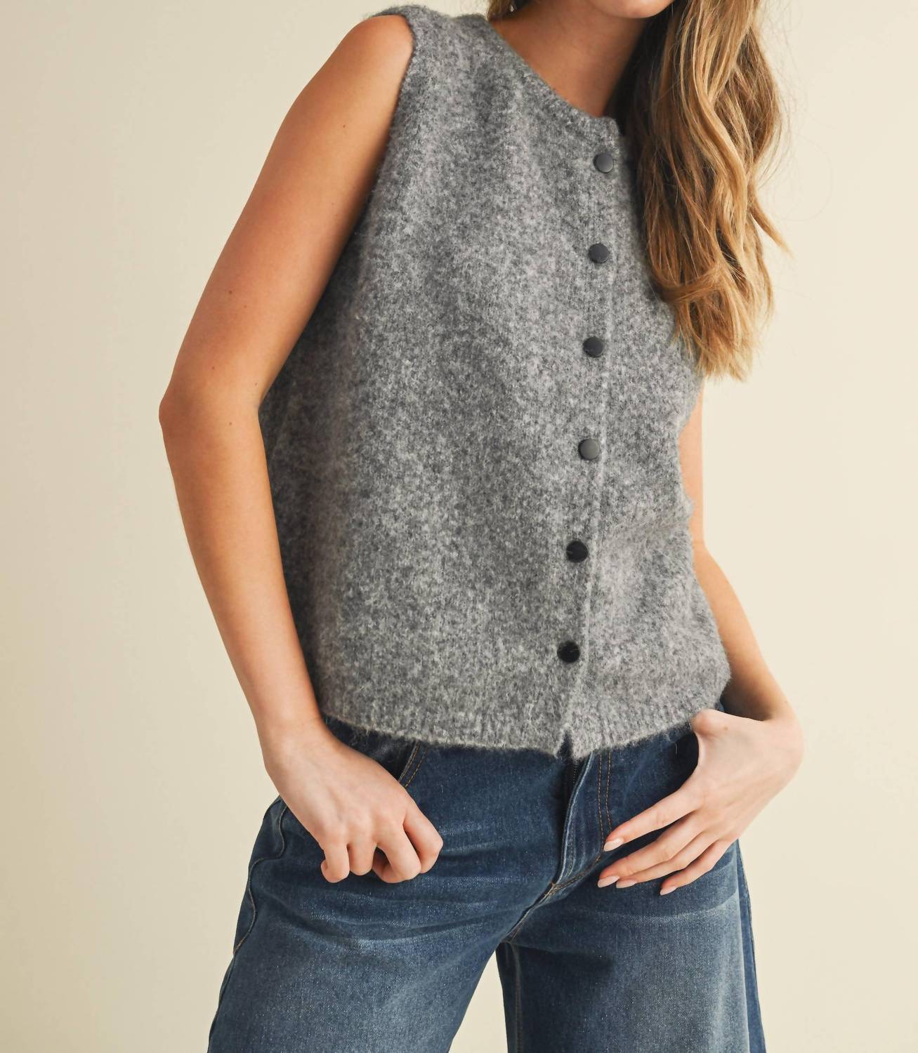 Soft Button Detail Sweater Vest In Grey/ Black - Image 5