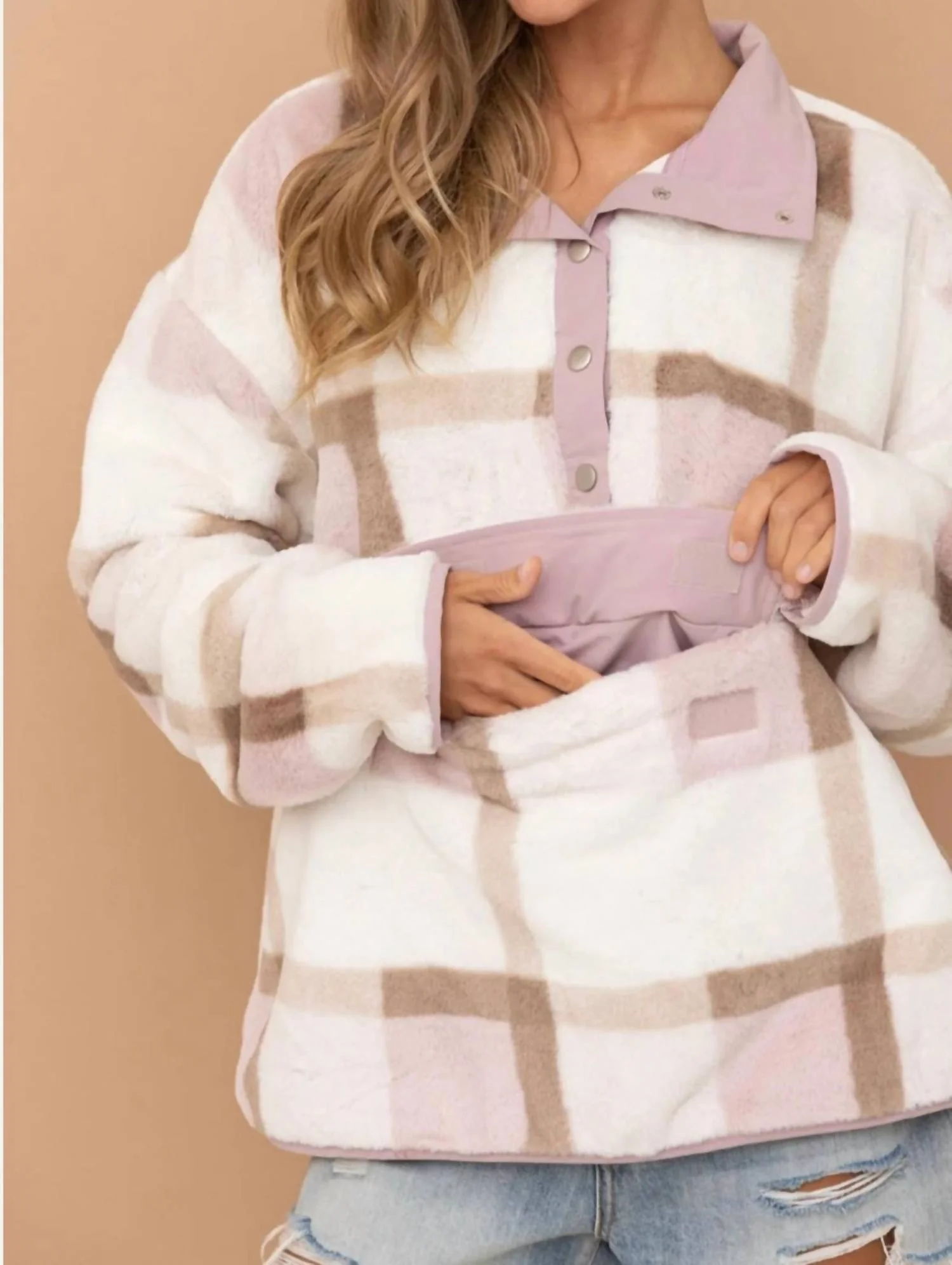 Soft Fur Plaid Button Up Pocket Front Pullover In Beige - Image 3
