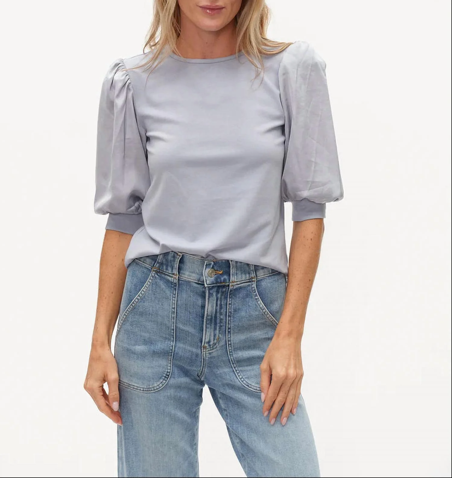 Solara Mixed Media Satin Top In Denim