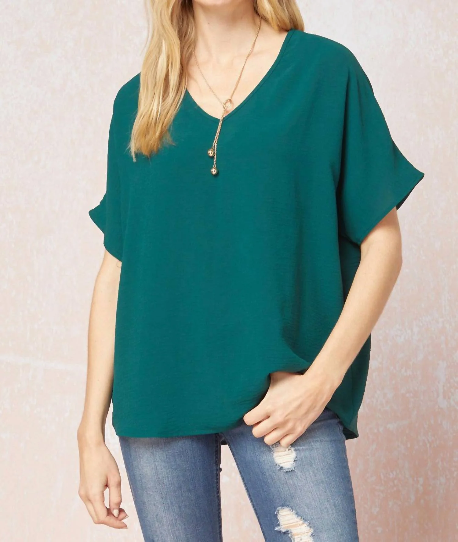 Solid V-Neck Top In Hunter Green