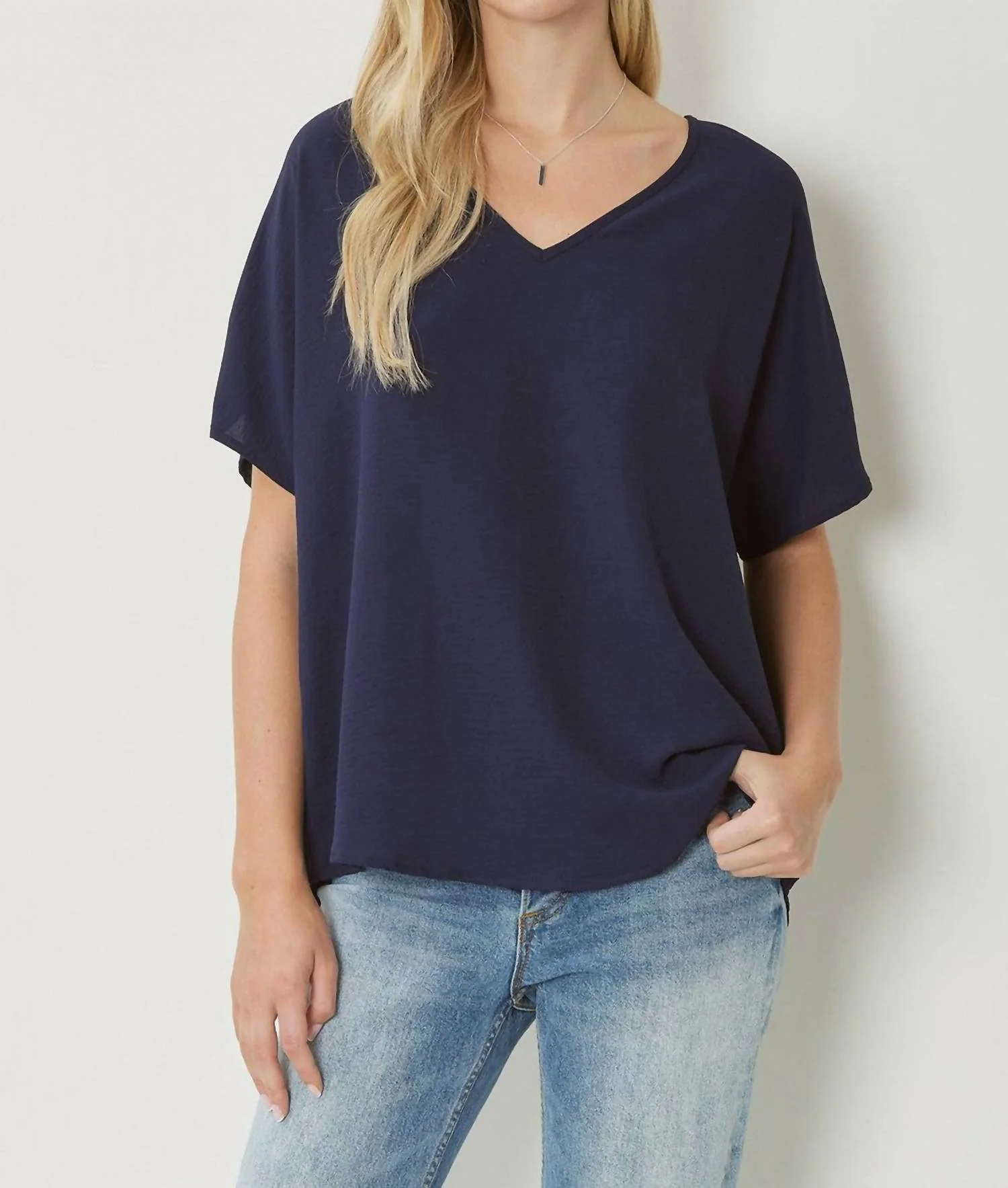 Solid V-Neck Top In Navy