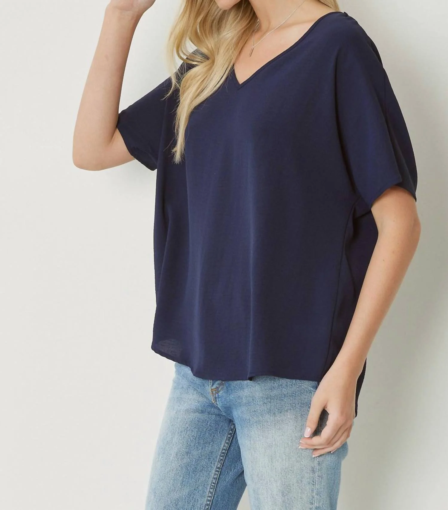 Solid V-Neck Top In Navy - Image 3