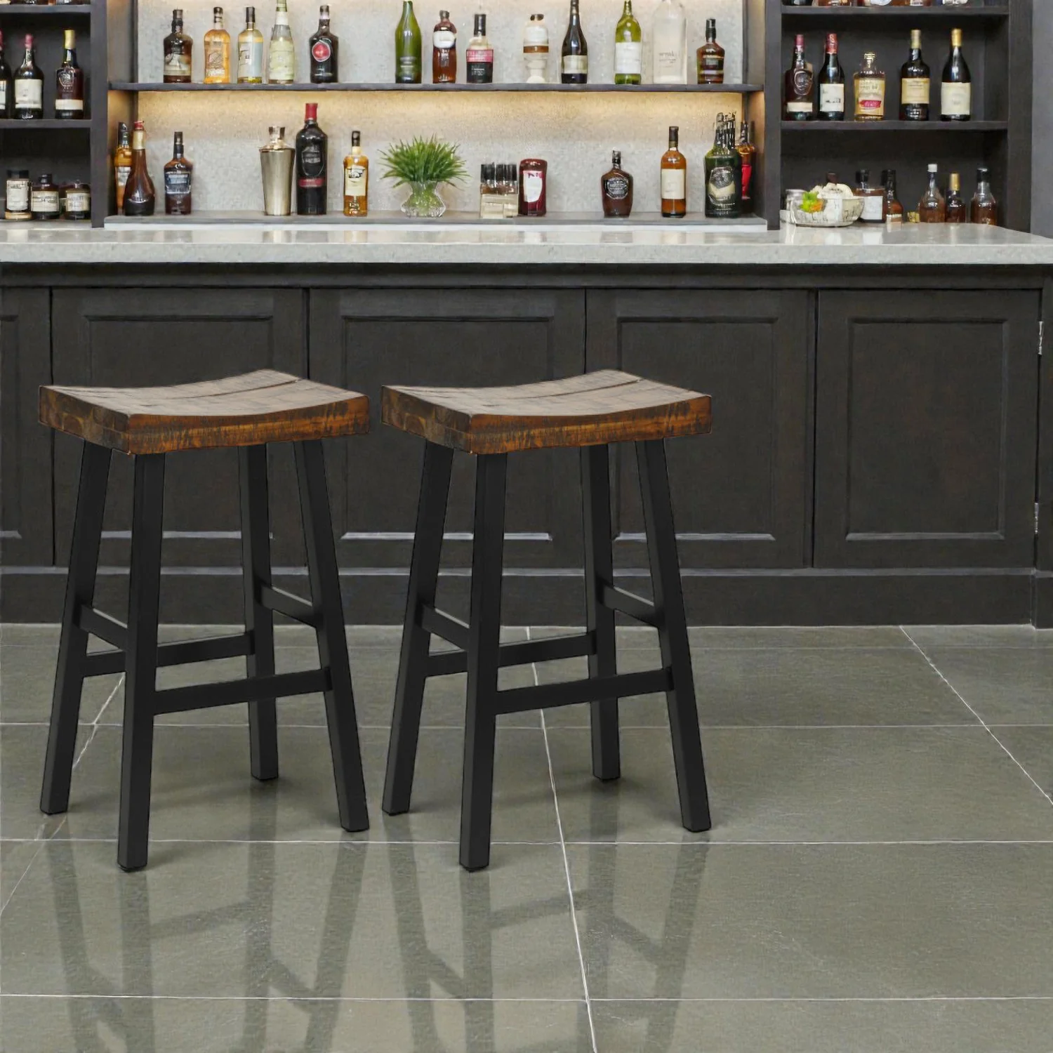 Solid Wood Saddle-Style Bar Stool with Curved Seat and Supportive Footrest - Image 4