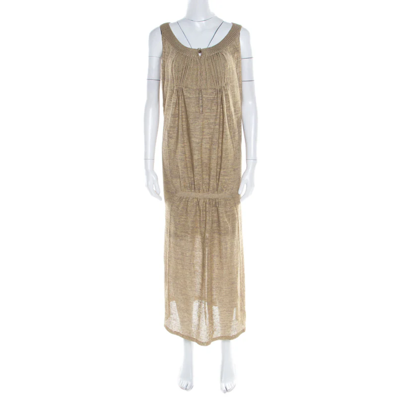 Sonia Rykiel Beige Perforated Lurex Knit Maxi Dress