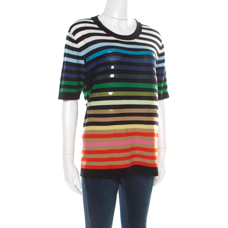 Sonia Rykiel Multicolor Striped Cotton And Silk Vinyl Strip Detail Top - Image 2