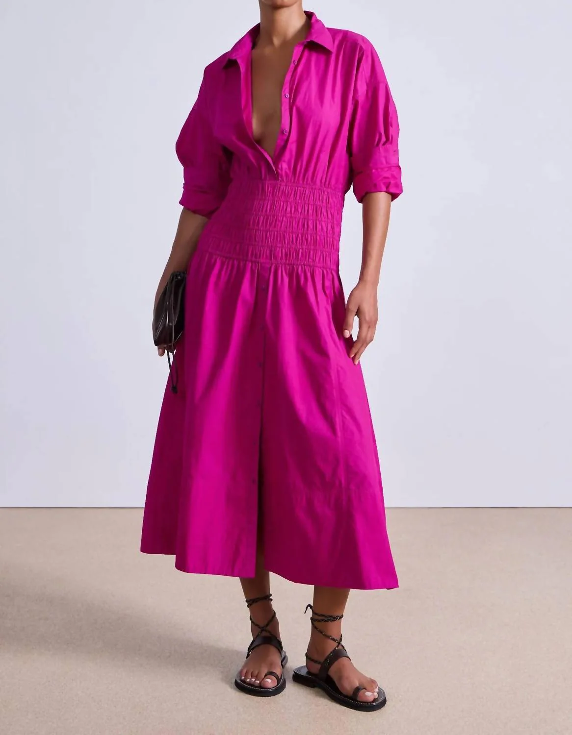 Sophia Smocked Shirt Midi Dress In Fuchsia - Image 4