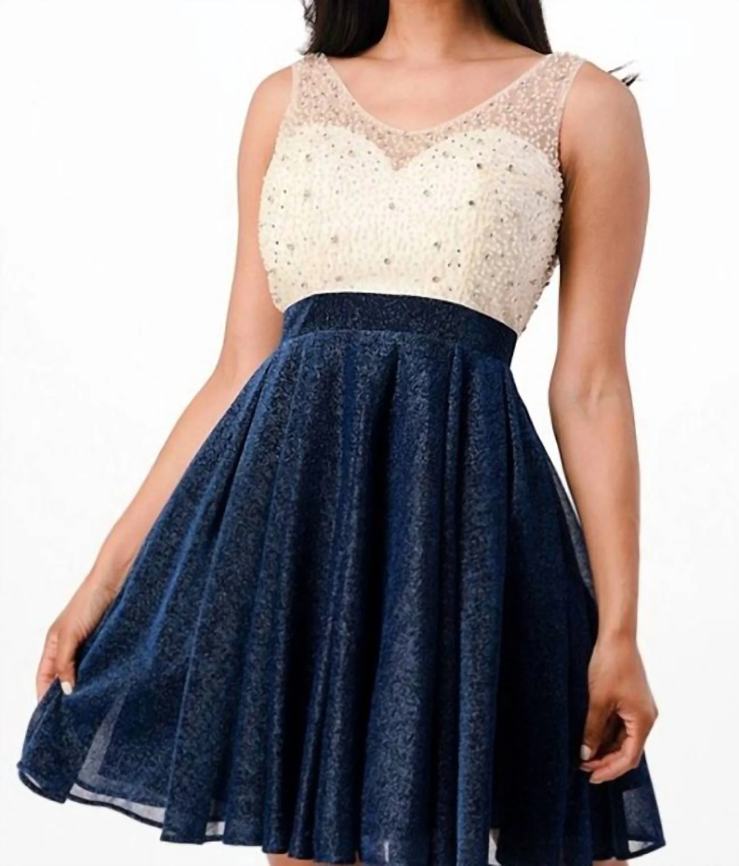 Sparkling Jacquard A-Line Short Dress In Ivory & Blue