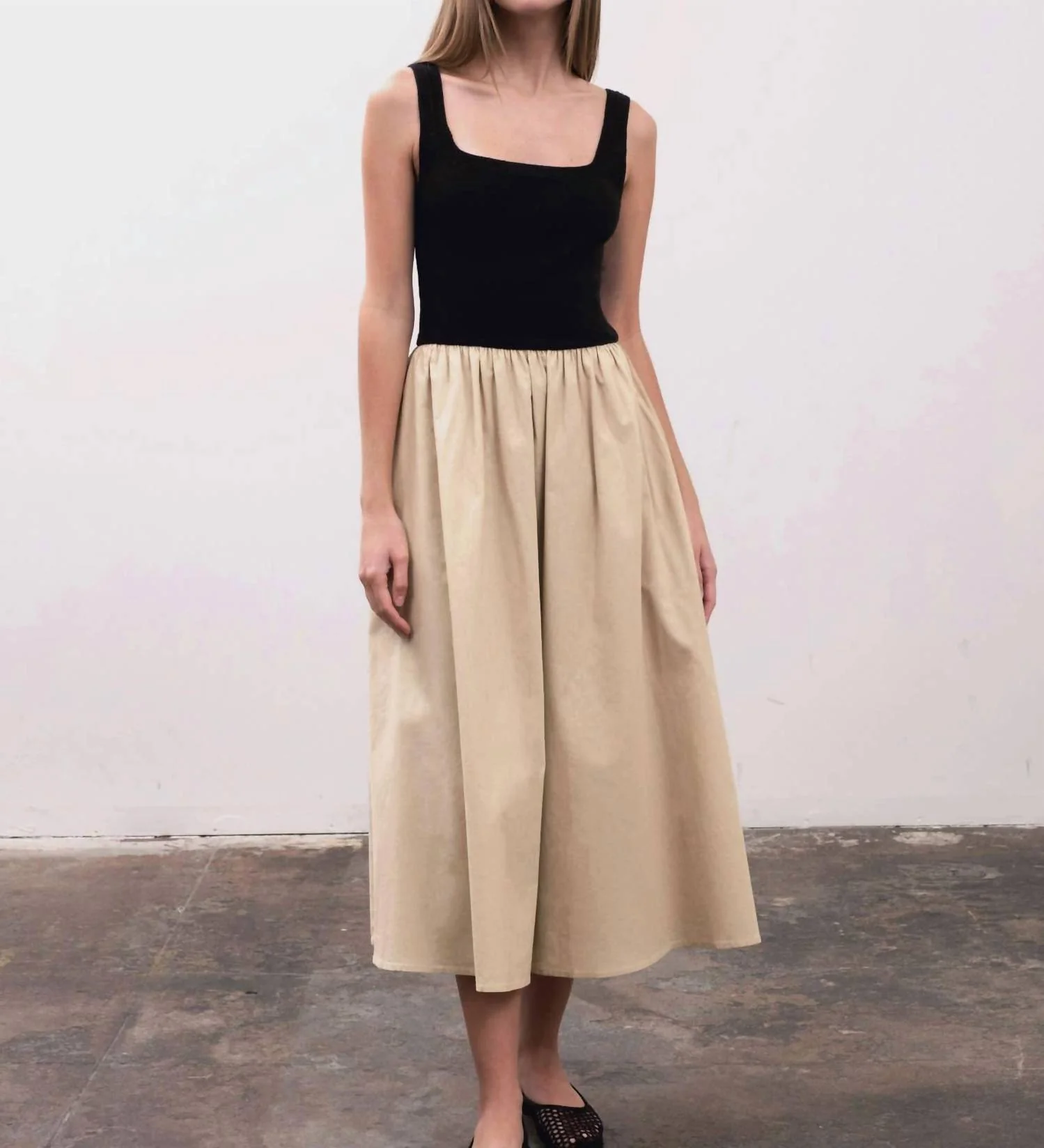 Square Neck Crochet Top Mixed Media Dress In Black /natural