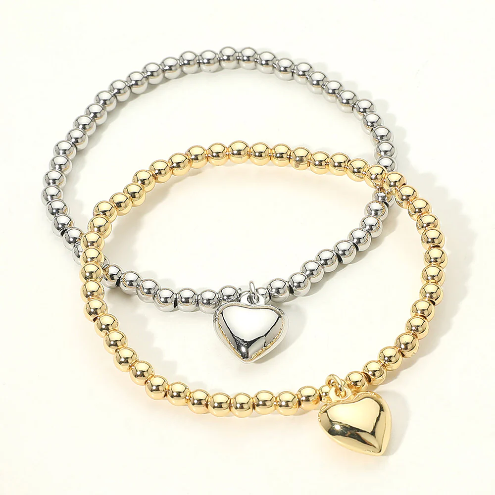 Stainless Steel Heart Charm Beaded Stretch Bracelet - Image 3