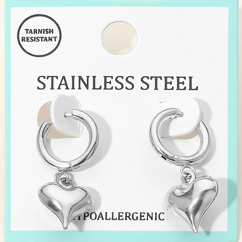 Stainless Steel Heart Charm Drop Dangle Huggie Hoop Earrings - Image 6