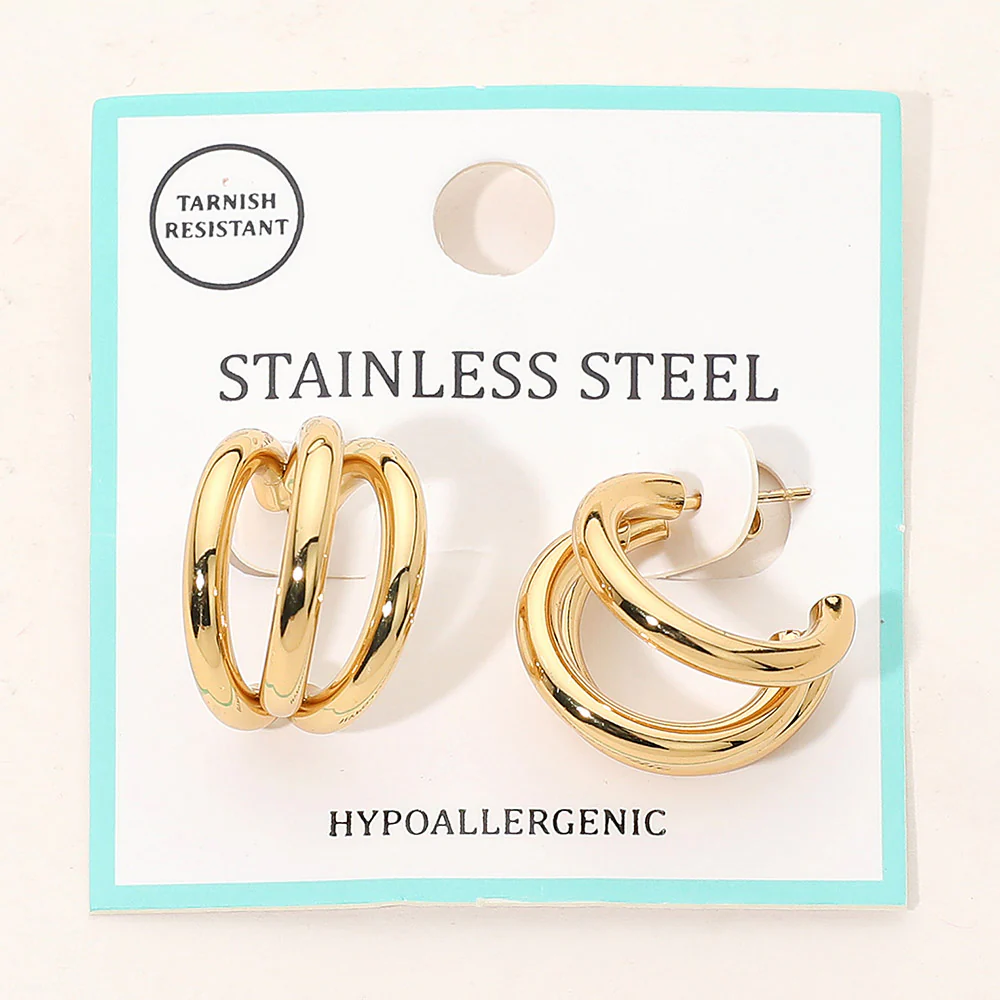 Stainless Steel Triple Hoop Earrings - Image 2