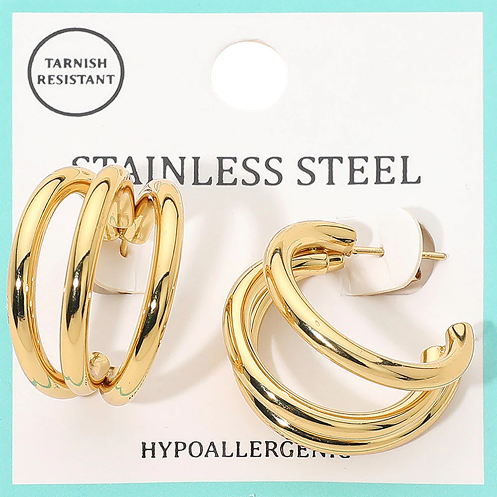 Stainless Steel Triple Hoop Earrings - Image 3