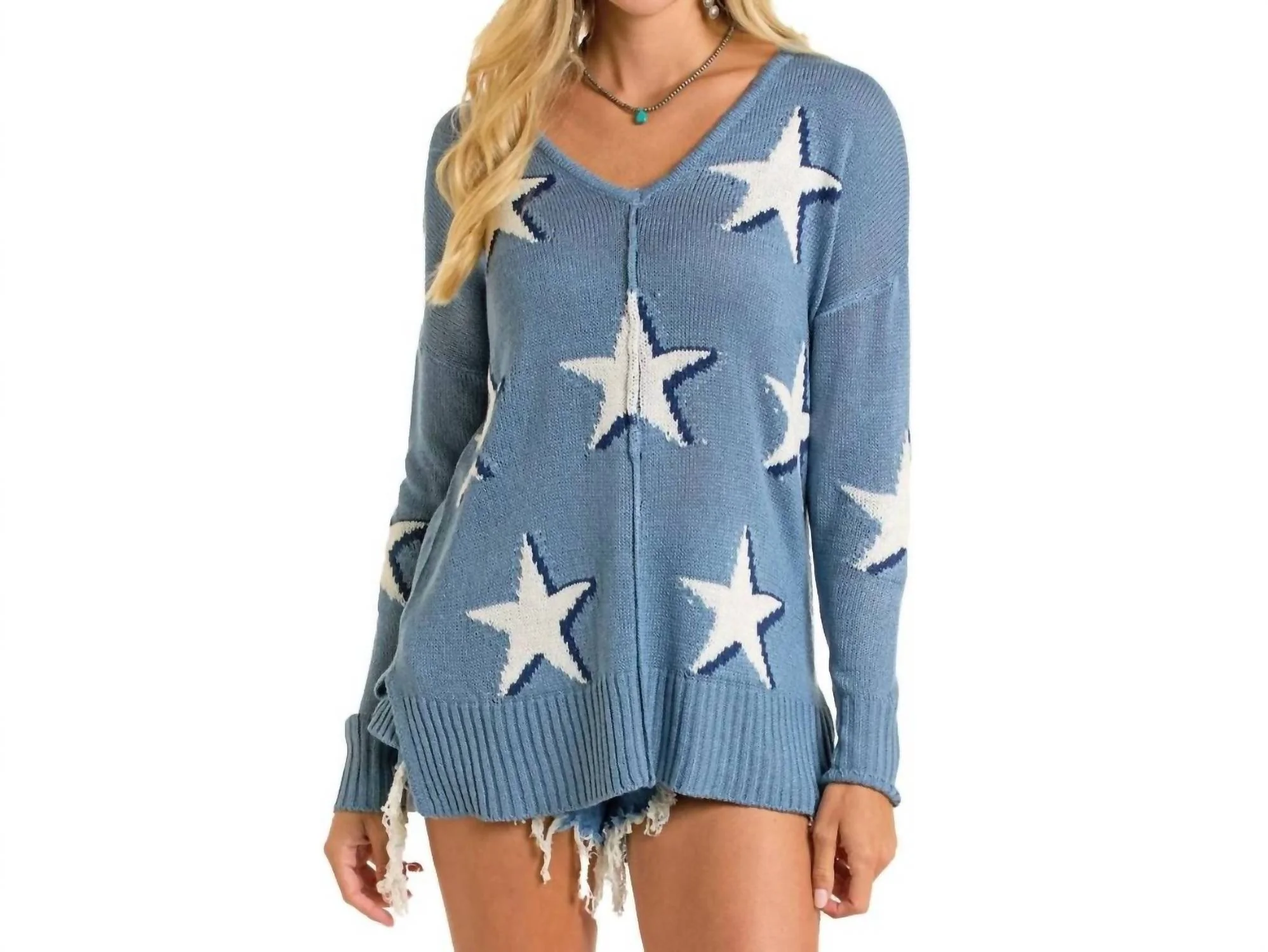 Star Print Sweater In Cerulean
