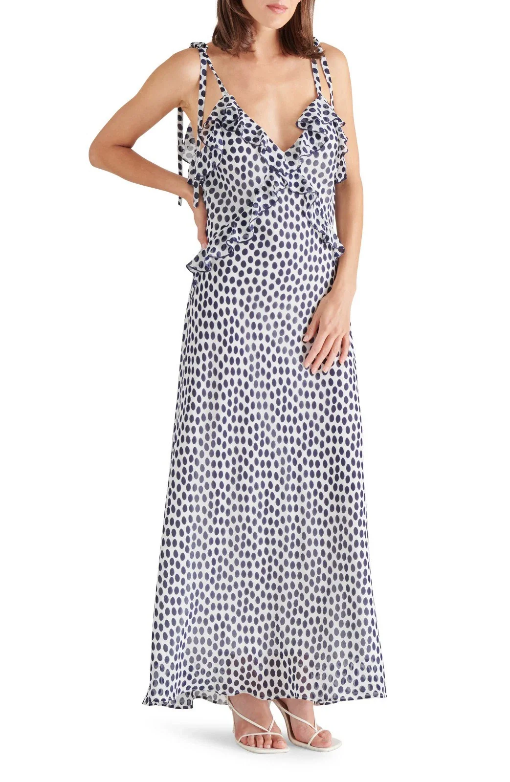 Steve Madden Adalina Maxi Dress Womens White Black Polka Dot Tie Shoulder PAL113 - Image 2