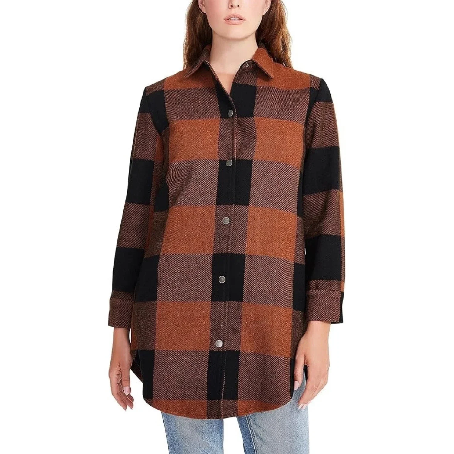 Steve Madden Eldridge Shirt Jacket Women's Cognac Plaid Snap Front KFC377