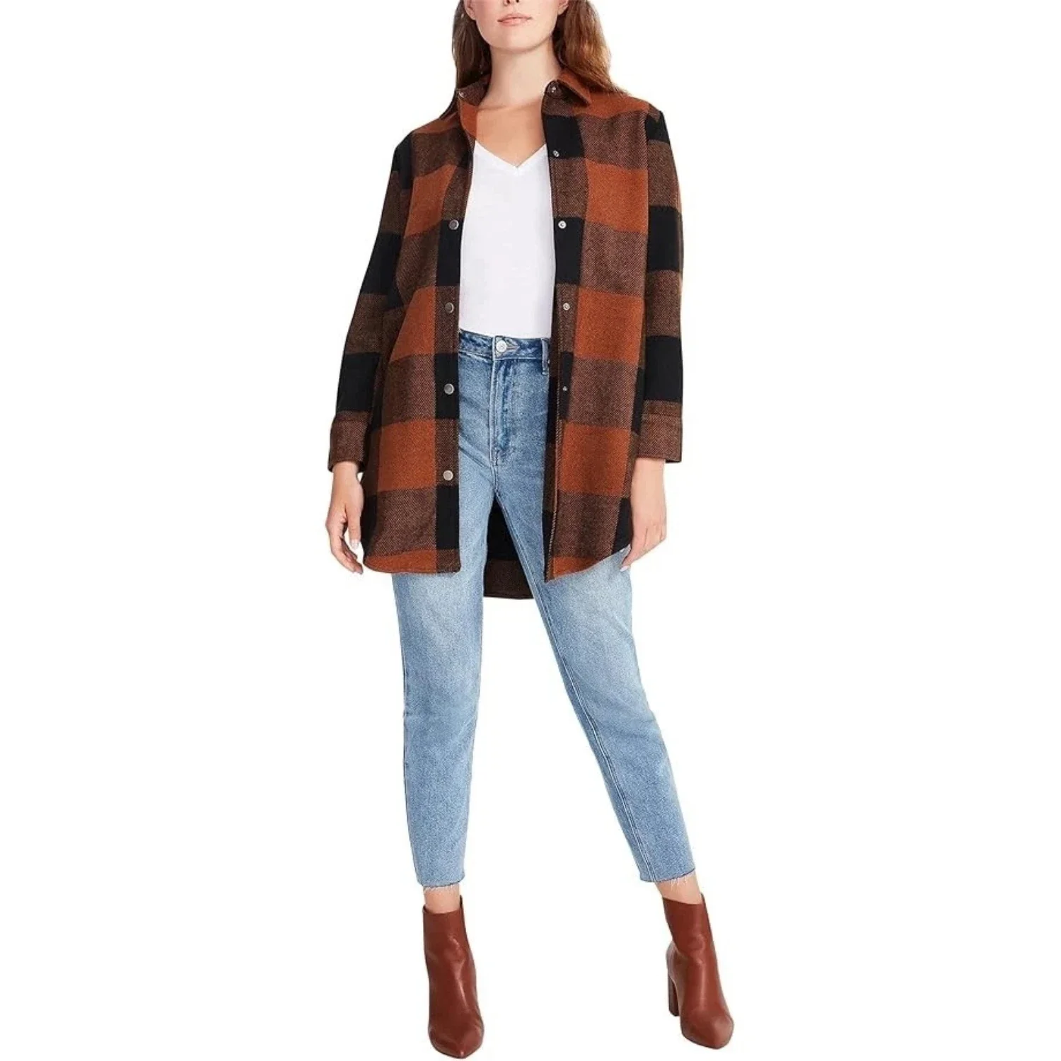 Steve Madden Eldridge Shirt Jacket Women's Cognac Plaid Snap Front KFC377 - Image 4