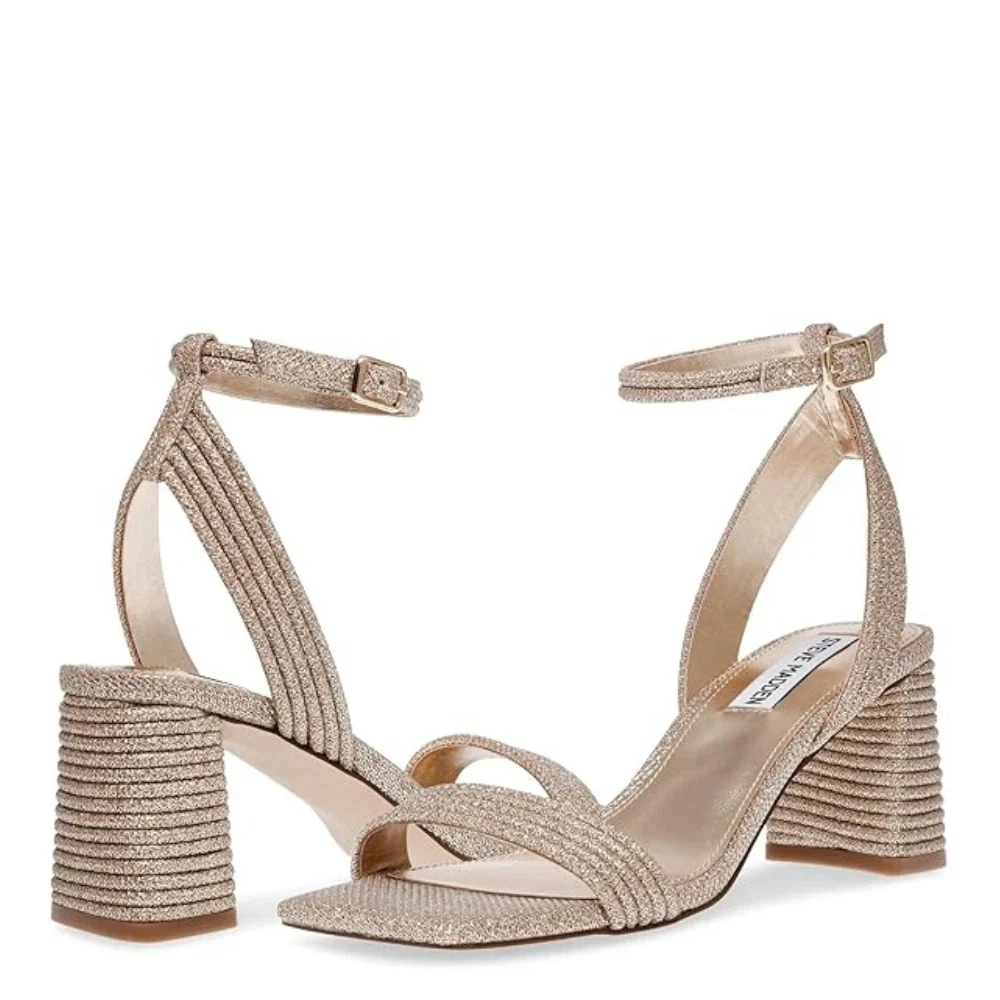 Steve Madden Lavnish Sandal Women Gold Glitter Square Toe Block Heel HTAT867 - Image 3