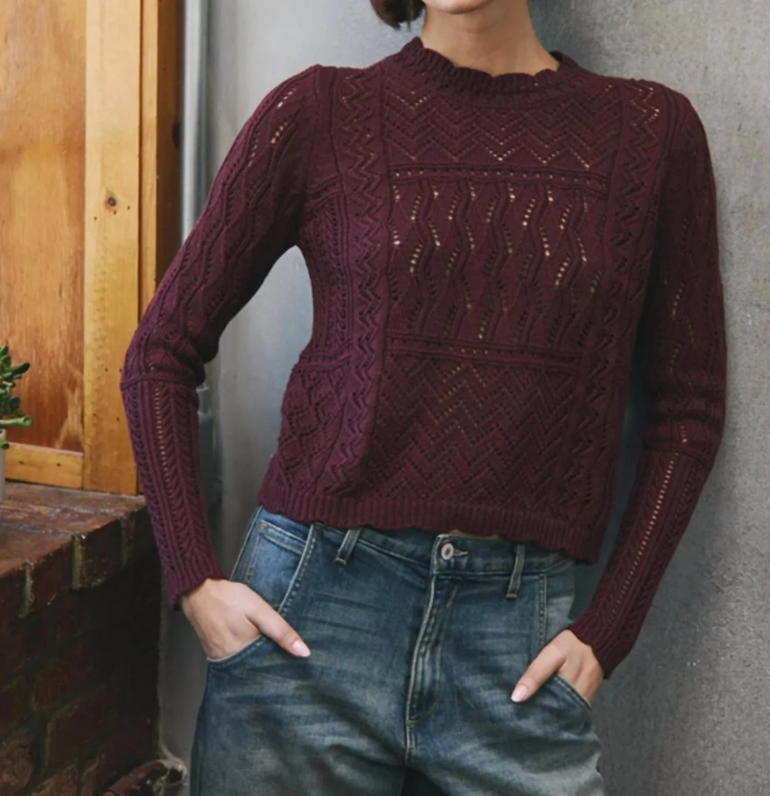 Stitchery Patchwork Crew Sweater In Bordeaux
