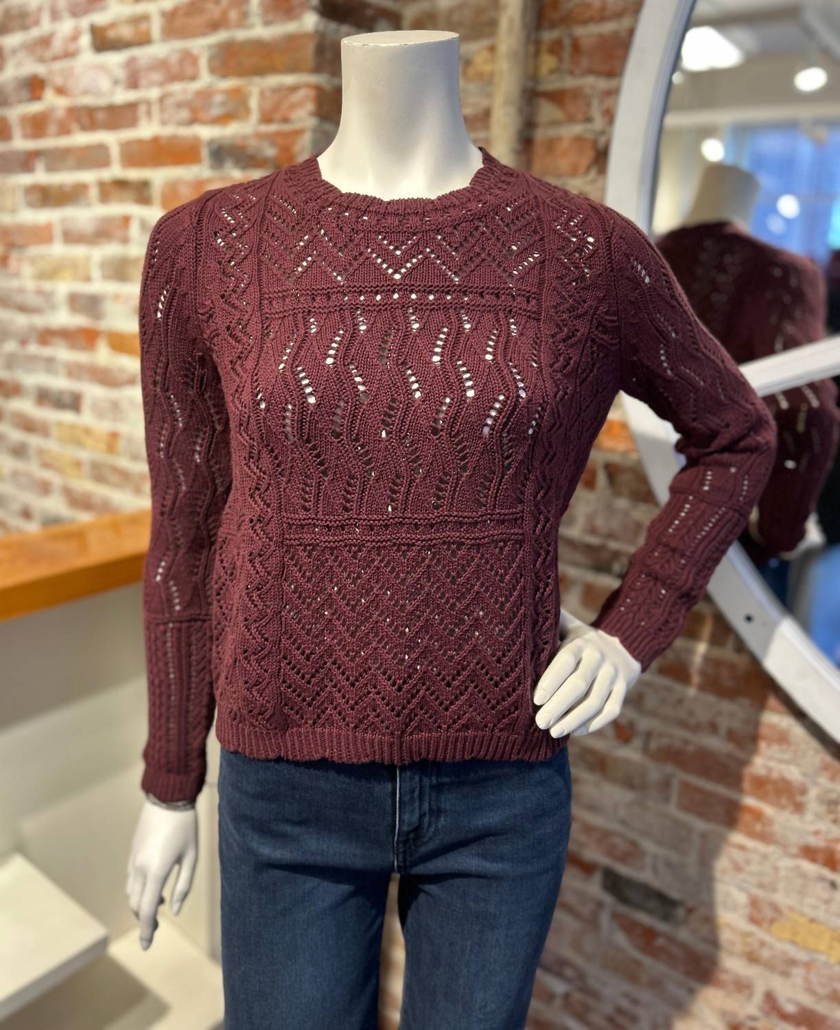 Stitchery Patchwork Crew Sweater In Bordeaux - Image 2